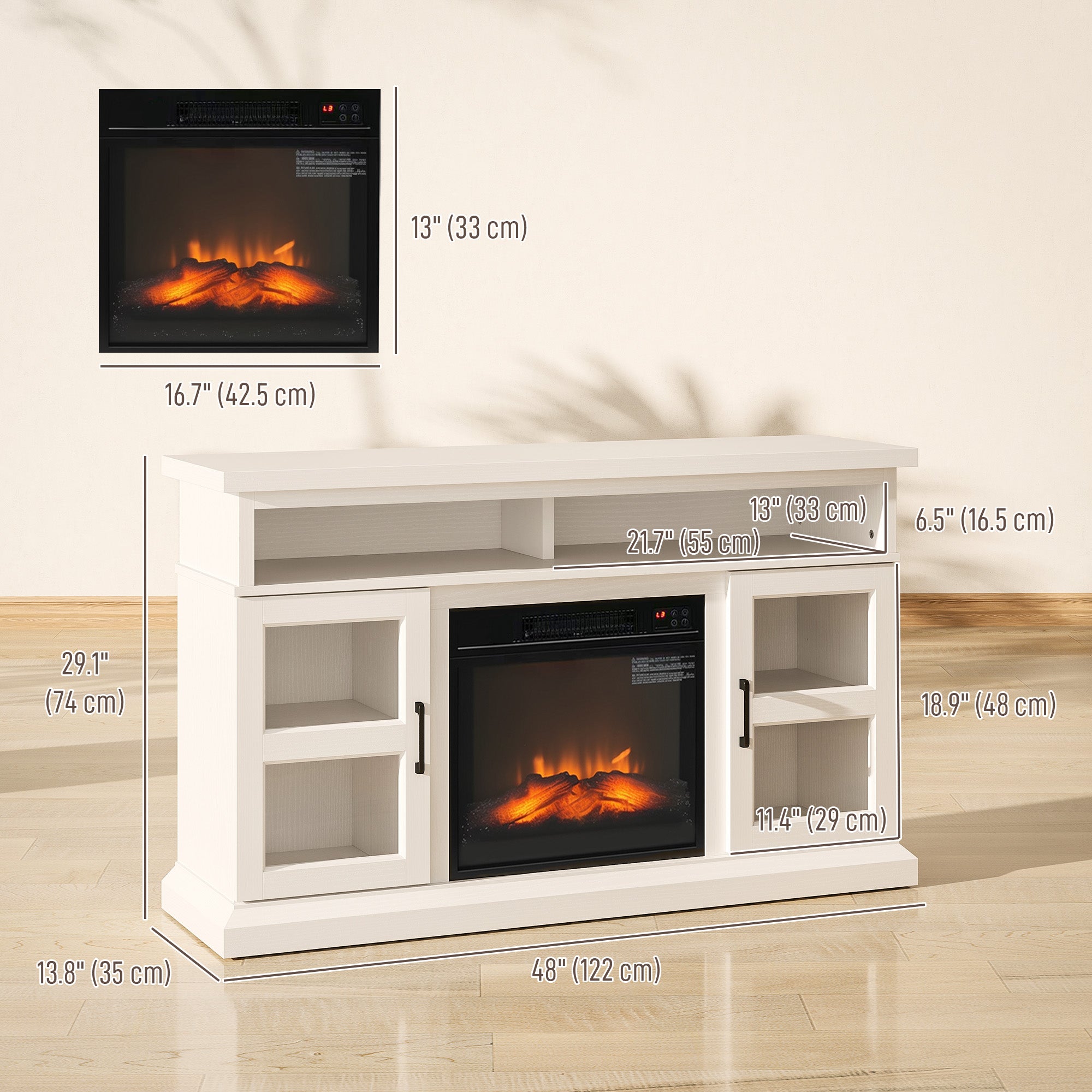 48" Fireplace TV Stand for TVs Up to 55 Inches, Media Entertainment Center with 3D Flame, Adjustable Shelves, White