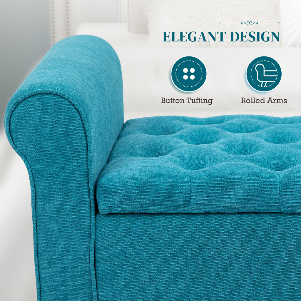 50 Inches Storage Ottoman, Upholstered Bedroom Bench with Rolled Arms and Button Tufted Storage, Teal