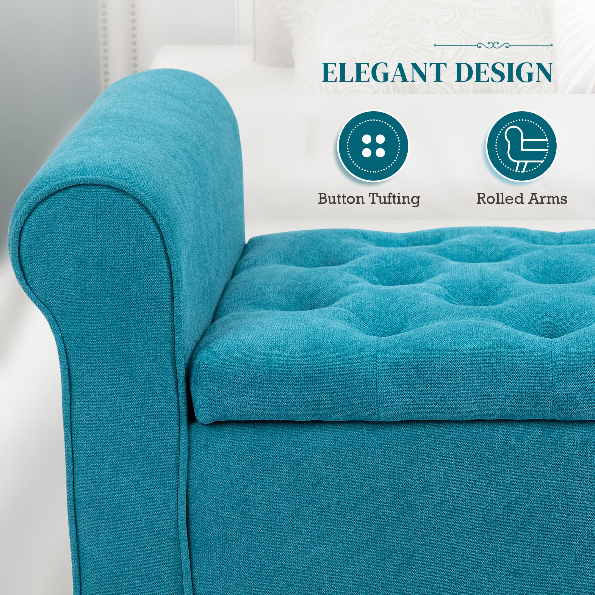 50 Inches Storage Ottoman, Upholstered Bedroom Bench with Rolled Arms and Button Tufted Storage, Teal