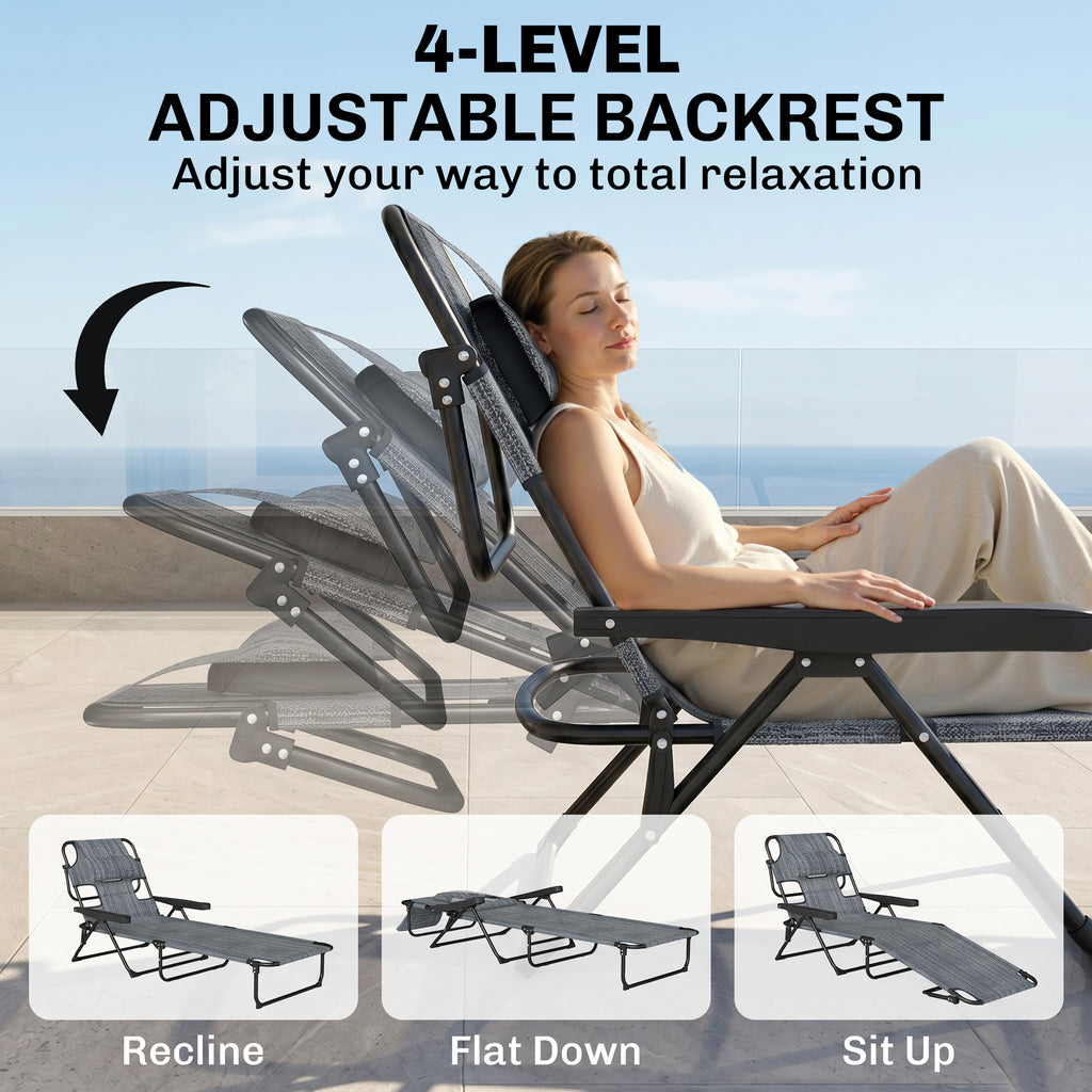Folding Lounge Chair w/ Reclining Back, Mixed Grey