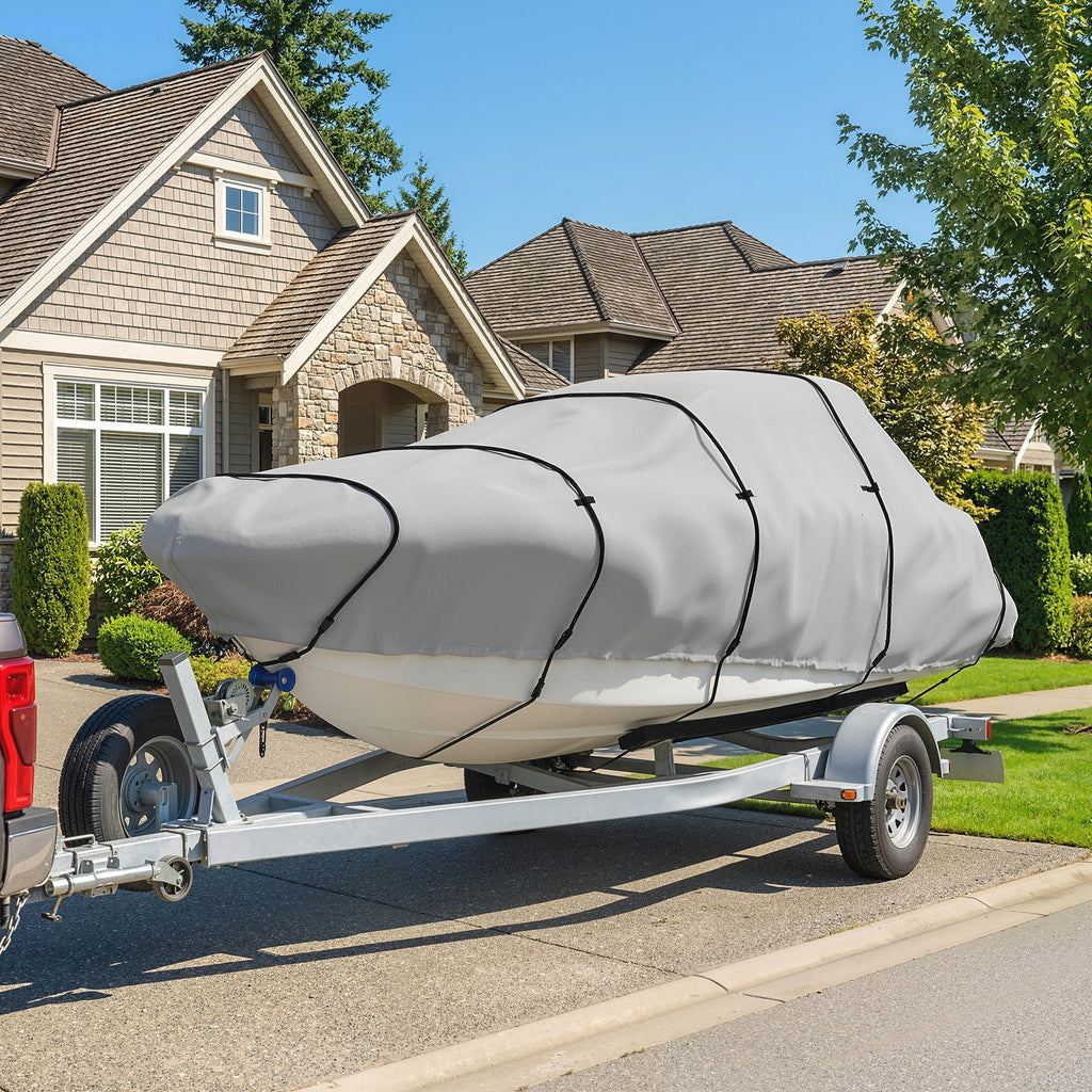 20-21 Ft Trailer Boat Cover, 3000mm Waterproof Universal Boat Cover with Quick-Fasten Buckles, Light Grey