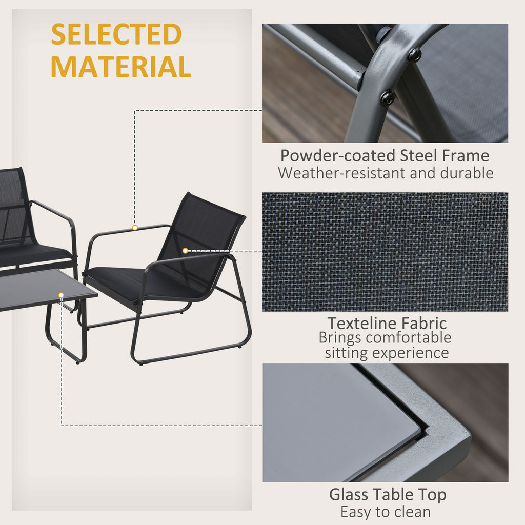 4 Piece Patio Furniture Set, Outdoor Conversation Set with Loveseat Sofa, Armchairs, Glass Top Coffee Table, Black