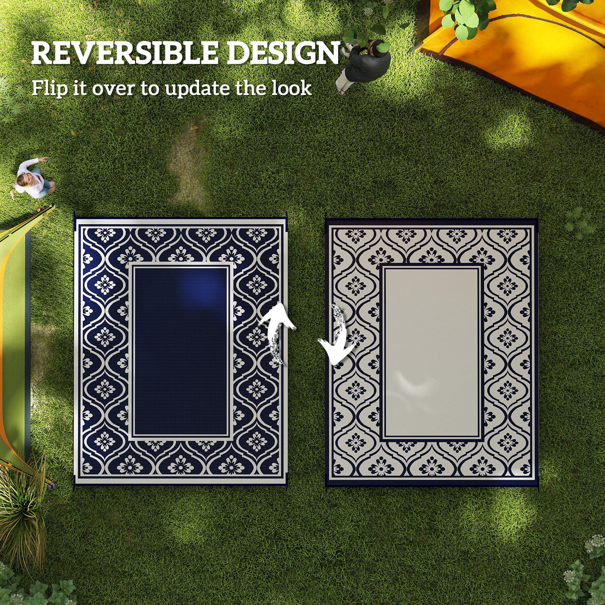 8' x 10' Outdoor RV Rug, Reversible Patio Floor Mat with Carry Bag, Gourd Border, Blue and White