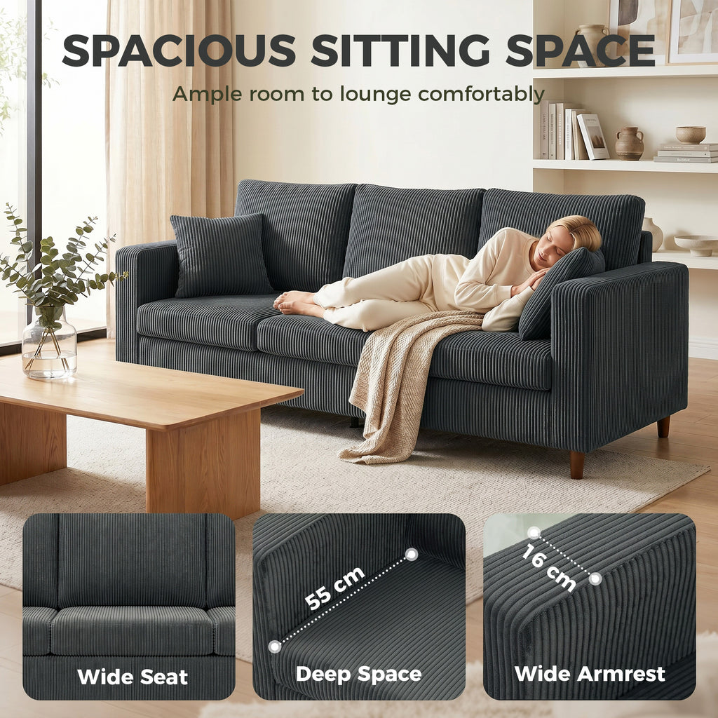 3 Seater Sofa with Wide Seat, Corduroy Couch with Deep Seat, Spring Cushion, Dark Grey