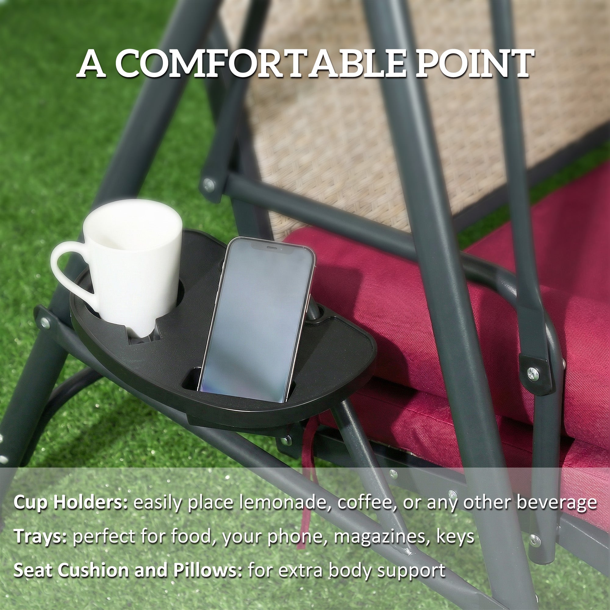 Outdoor 3-Seat Porch Swing with Canopy, Rattan Seat, Removable Cushion, Pillows and Steel Frame