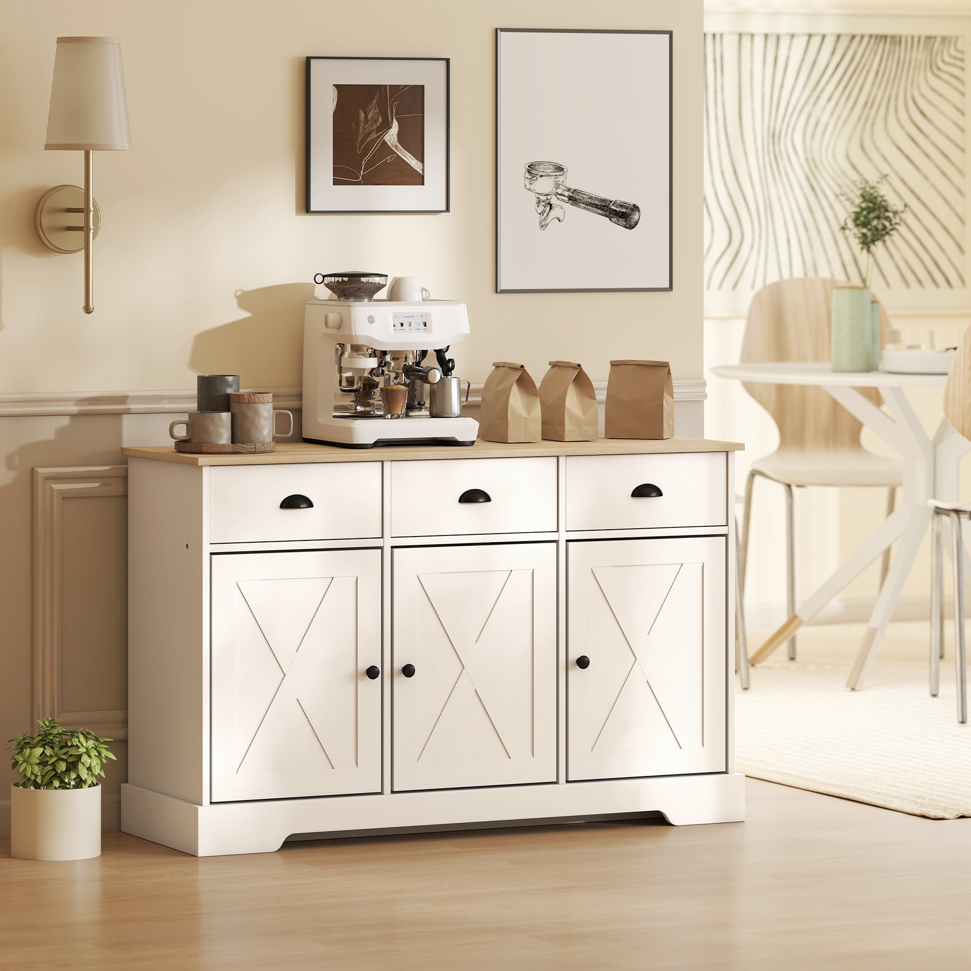 46.5" Buffet Cabinet, Farmhouse Sideboard with 3 Barn Doors and 3 Drawers for Living Room, Kitchen, White