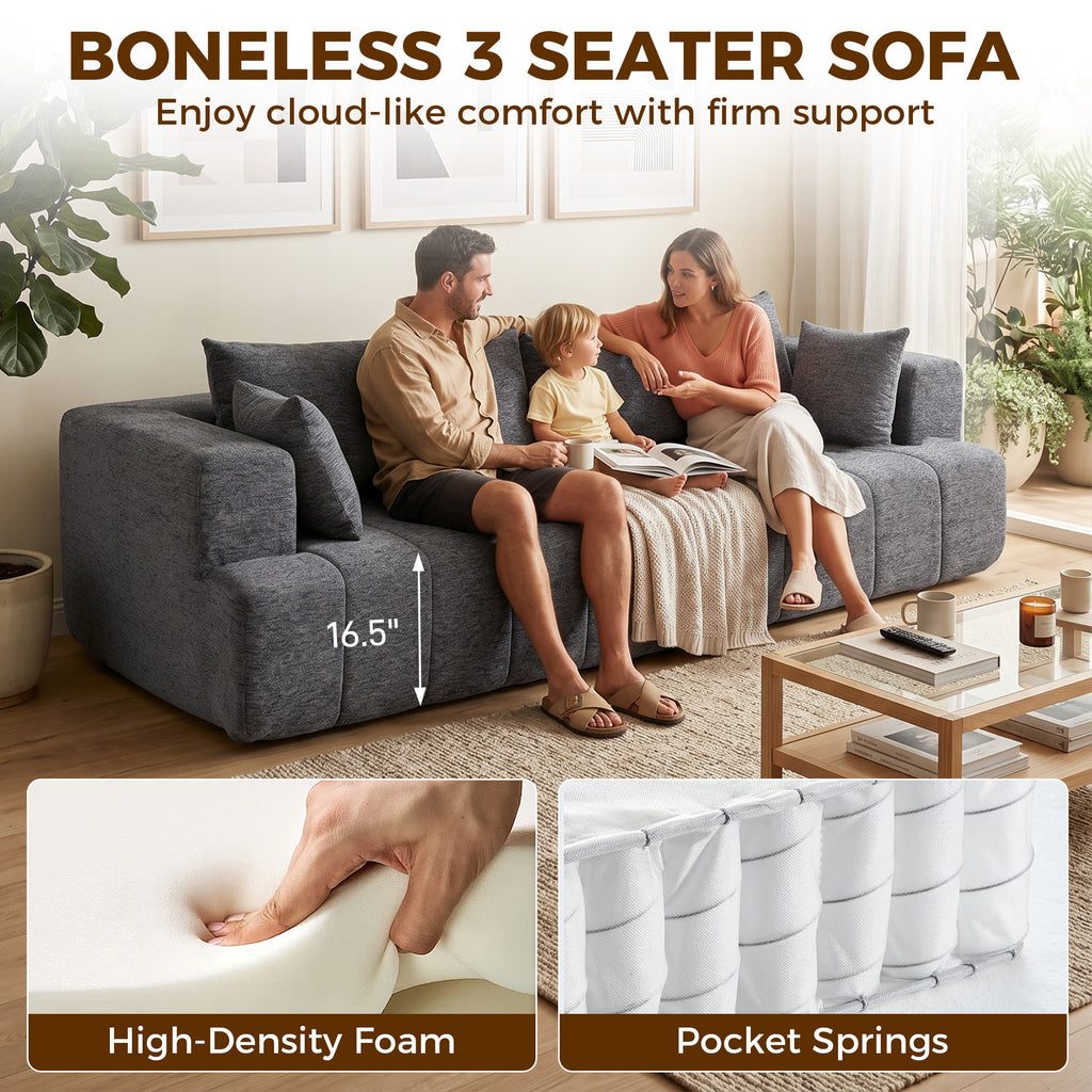 3 Seater Sofa, Chenille Boneless Cloud Couch with Thick Spring Cushion, Wide and Deep Seat, Wide Armrests, Grey