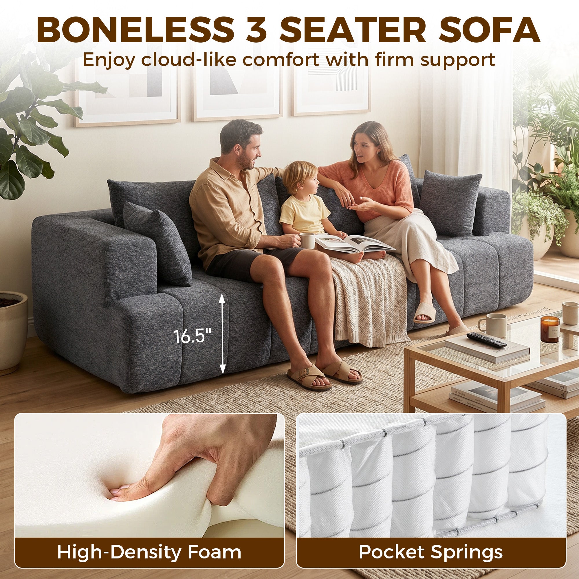 3 Seater Sofa, Chenille Boneless Cloud Couch with Thick Spring Cushion, Wide and Deep Seat, Wide Armrests, Grey