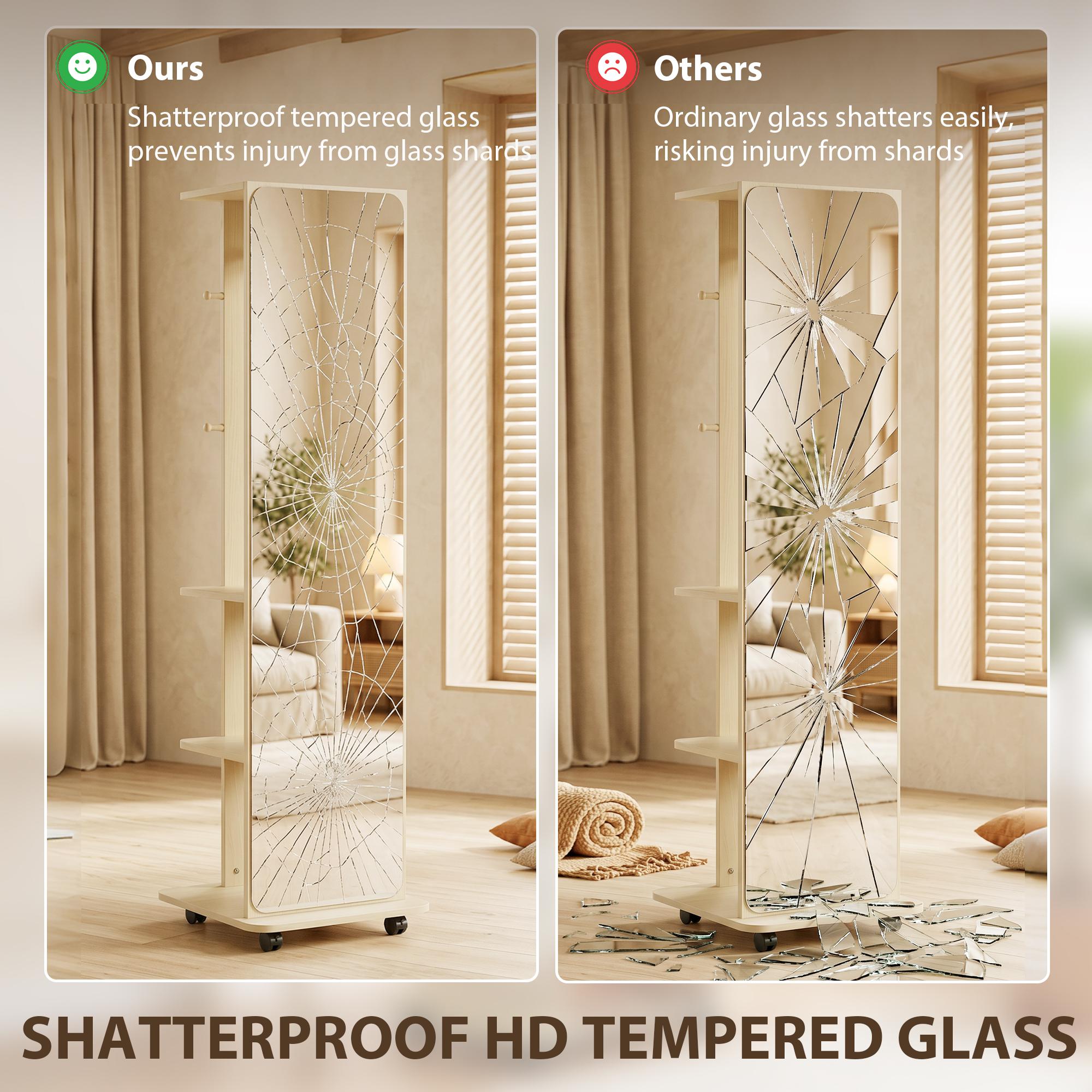 15" x 62" Full Length Mirror, Tempered Glass Floor Mirror on Wheels with Storage Shelves, Coat Hangers, Natural Wood