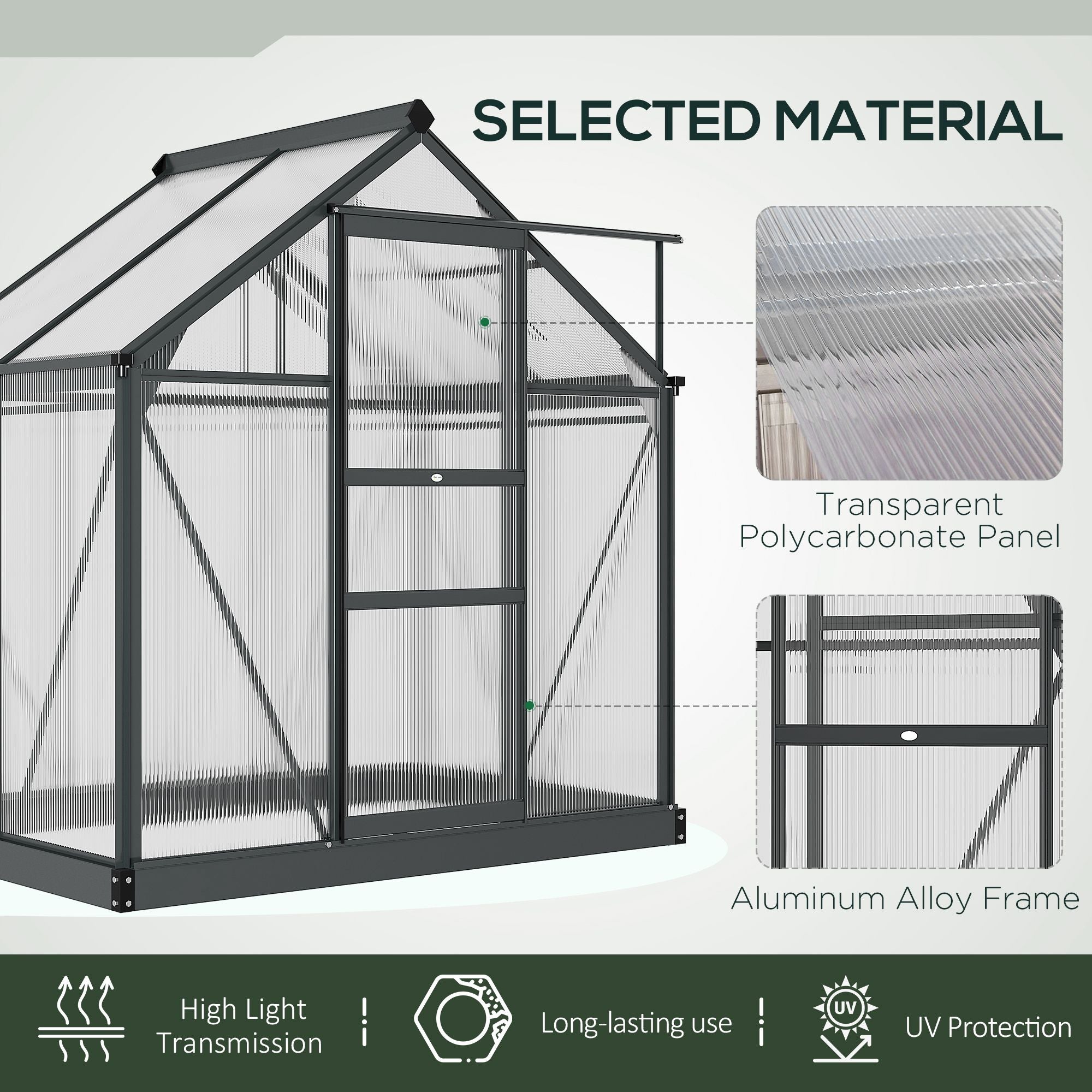 Greenhouse Garden, Green House, Outdoor Greenhouse Kit, PC Board with Sliding Door, 6.2' x 4.3' x 6.6', Grey