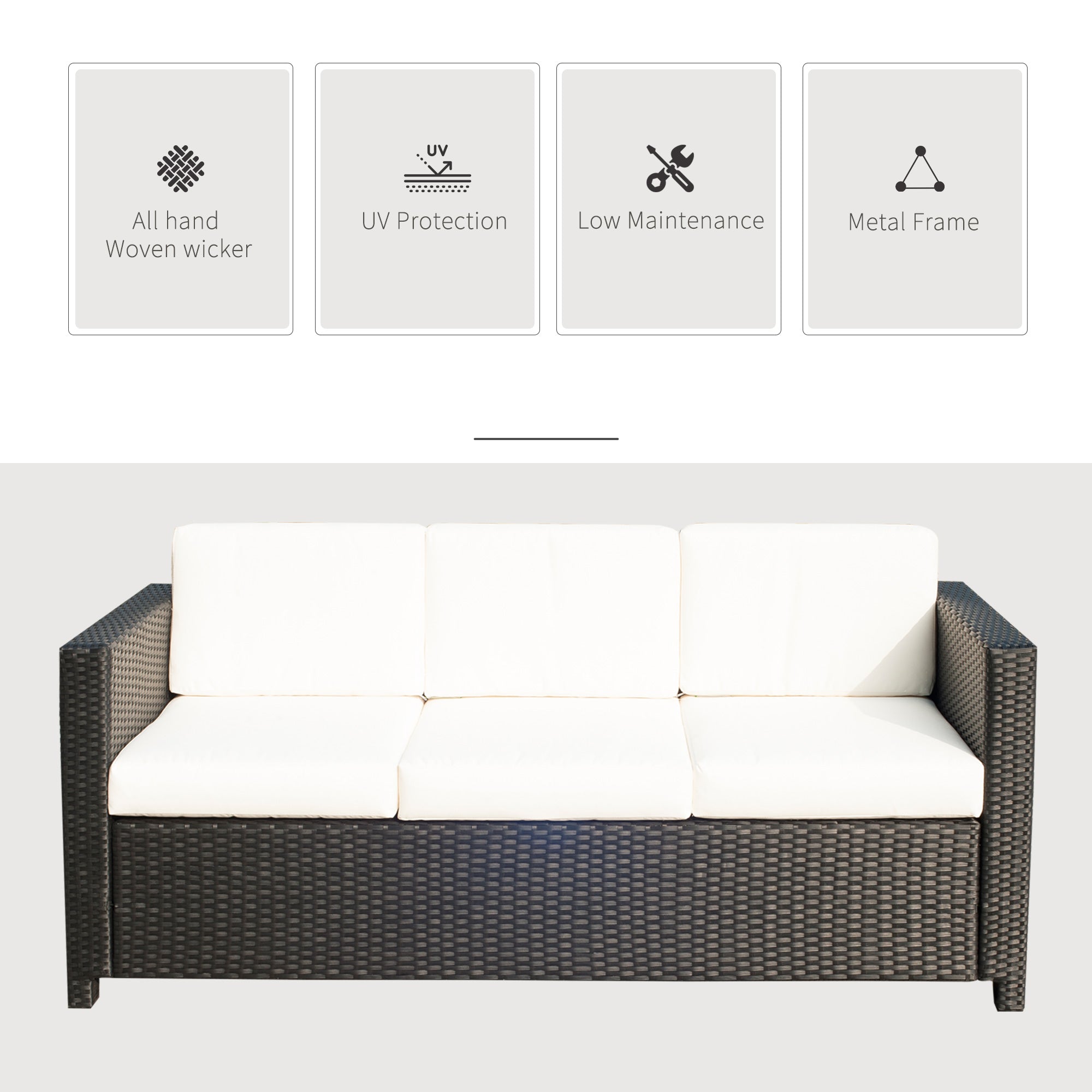Deluxe 3 Seat Rattan Wicker Sofa Garden Outdoor Patio Furniture with Cushion, Cream White