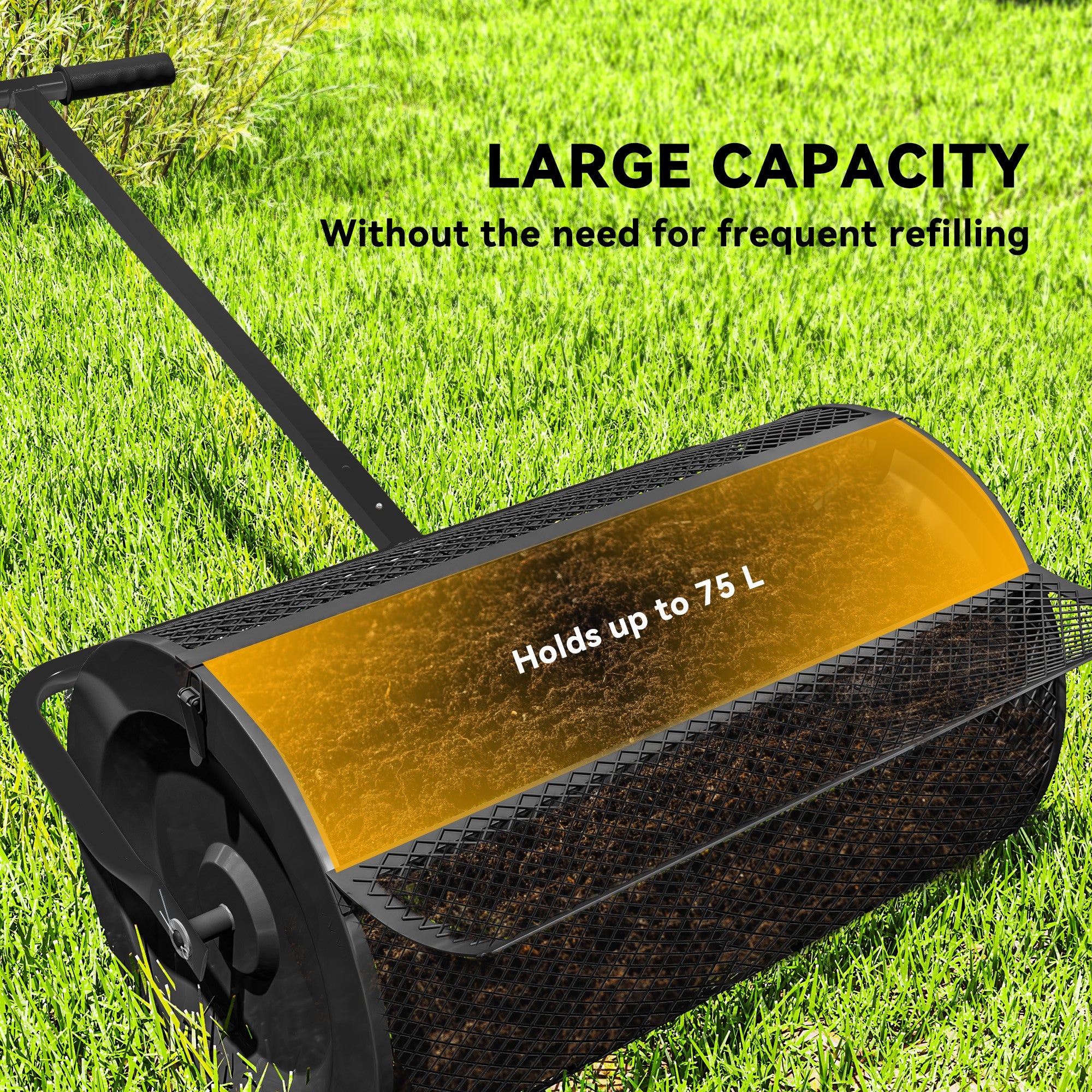 24 Inch Compost Spreader, Peat Moss Spreader with 24.4"/26.4" Height Adjustable Handle, Soil Spreader for Lawn, Black