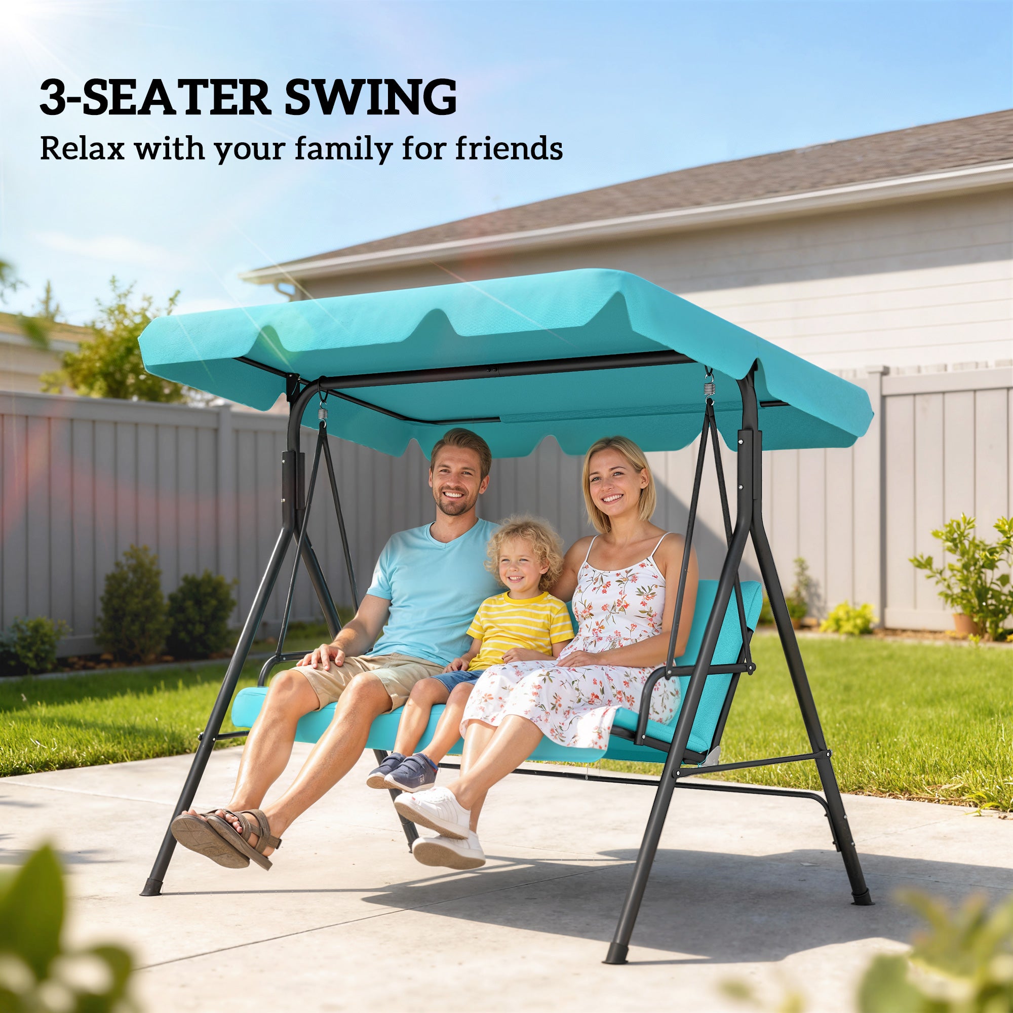 3-Seater Outdoor Porch Swing with Adjustable Canopy, Patio Swing Chair for Garden, Poolside, Backyard, Teal