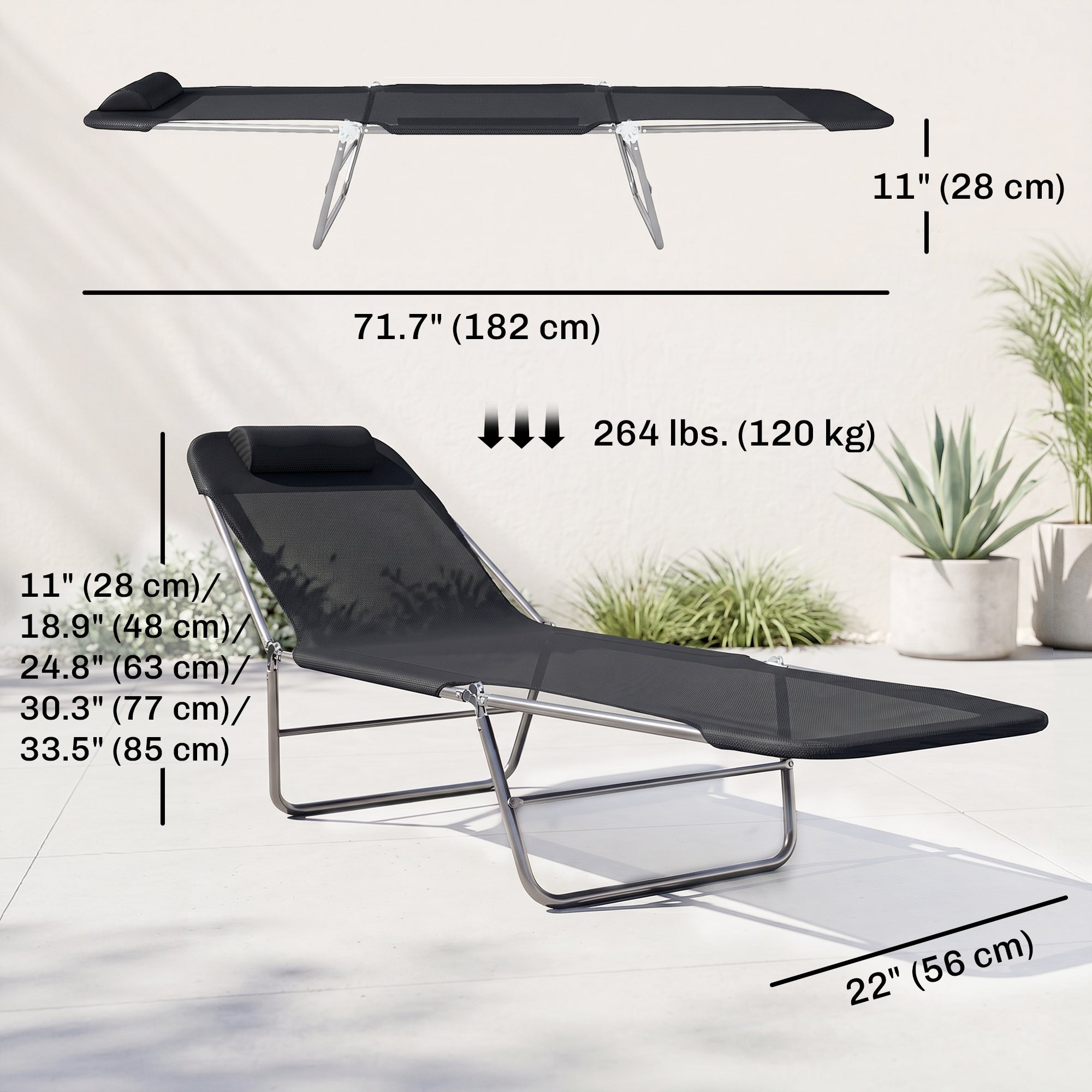 Outdoor Lounge Chair, Portable Adjustable Reclining Seat Folding Chaise Lounge Patio Camping Beach Tanning Chair Bed with Pillow, Black