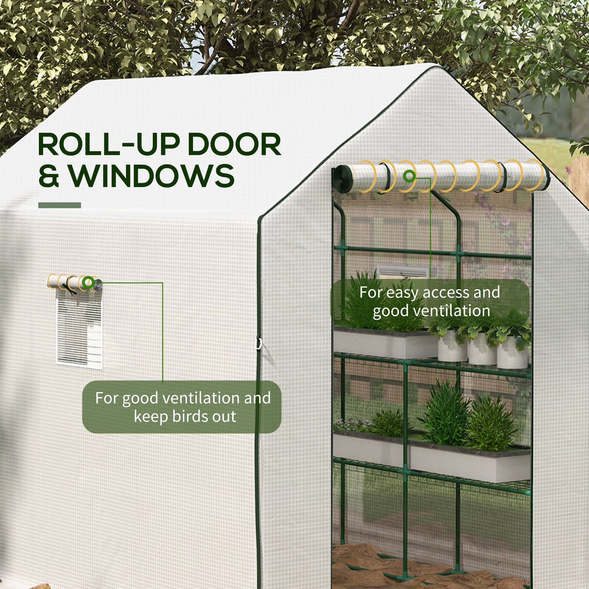 Portable Greenhouse, Walk-In Small Outdoor Green House with 2 Tier U-Shaped Flower Rack Shelves, 4.6' x 4.7', White