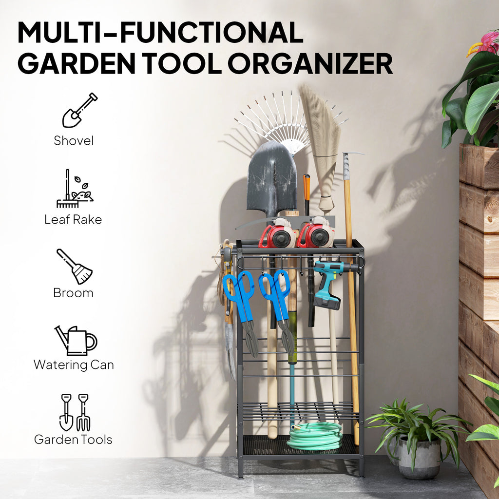 3-Tier Yard Tool Tower Rack, Garden Tool Organizer with 14 Hooks for Long-Handled Rakes, Shovel, Broom, Black