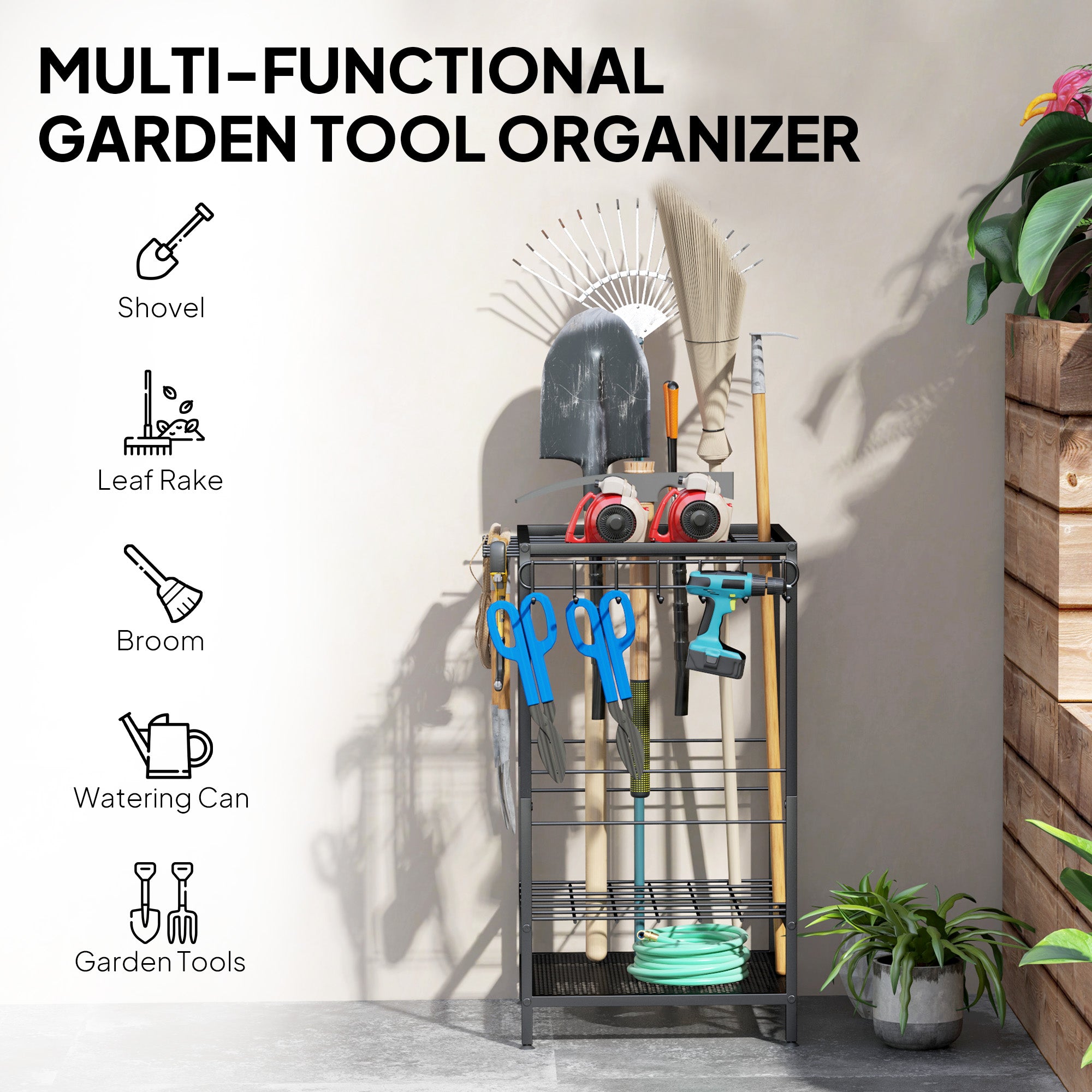 3-Tier Yard Tool Tower Rack, Garden Tool Organizer with 14 Hooks for Long-Handled Rakes, Shovel, Broom, Black