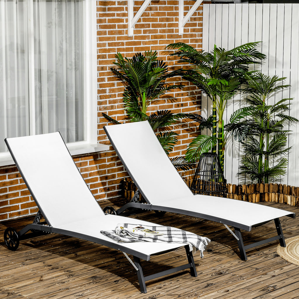 Outdoor Lounge Chair Set of 2, Tanning Chair with Wheels, Breathable Mesh for Patio, Backyard, Poolside, Cream White