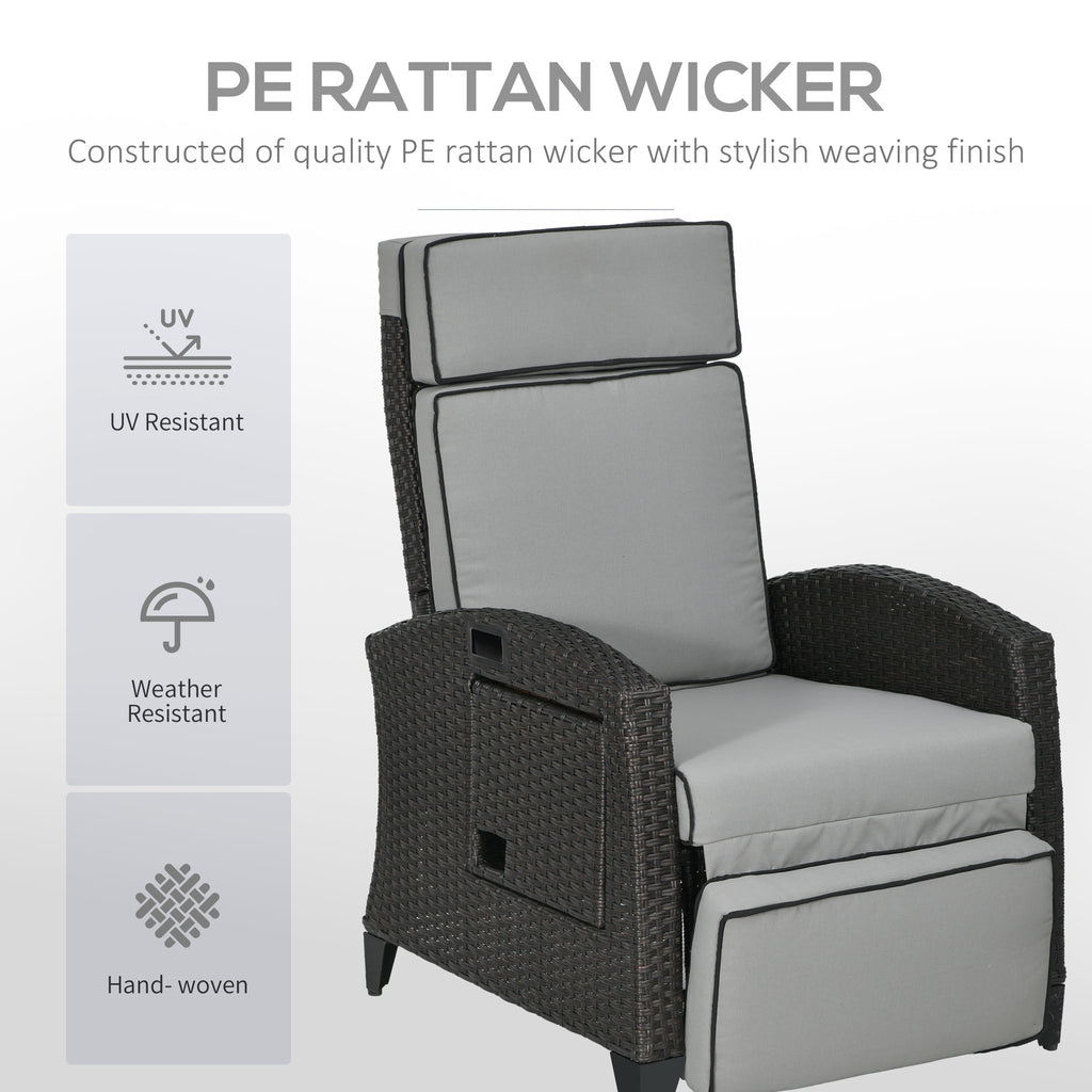 Wicker Recliner Chair with Adjustable Backrest and Footrest, Washable Cushion, Side Tray, Light Grey
