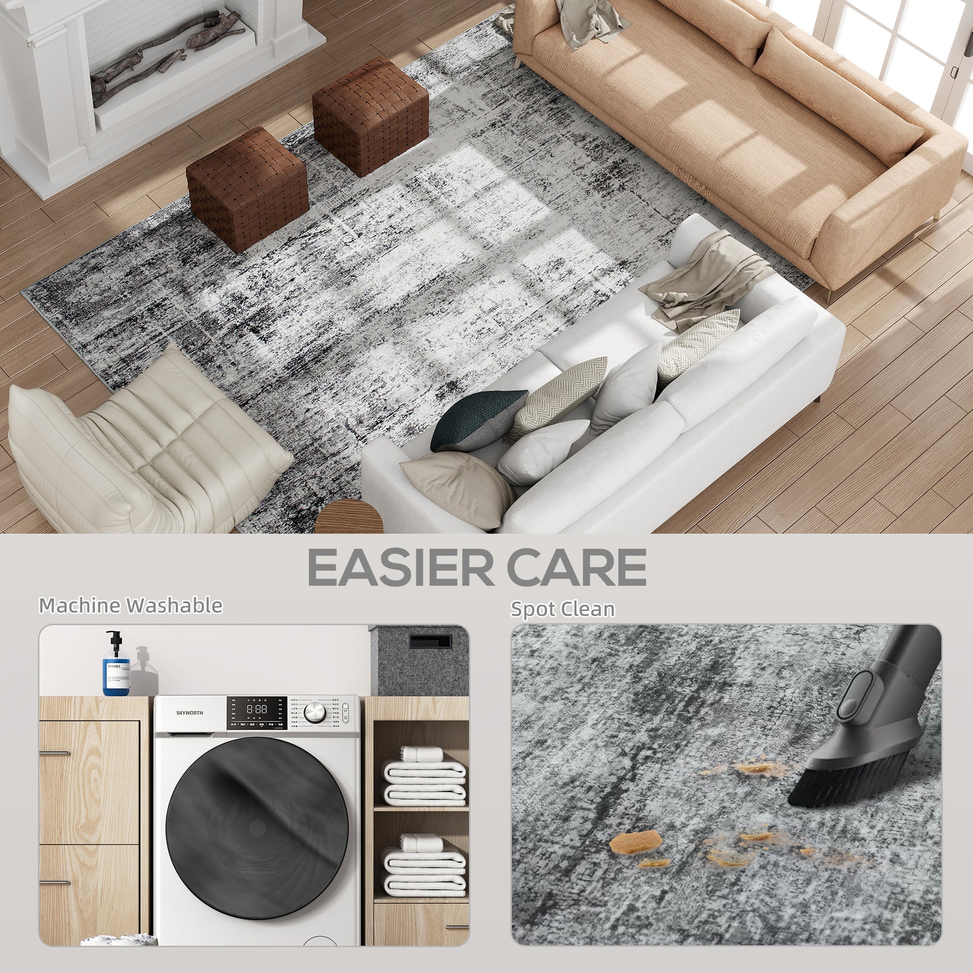 Area Rug for Living Room 9x12, Modern Abstract Machine Washable Rug, Non-Slip Carpet for Bedroom, Dining Room, Grey