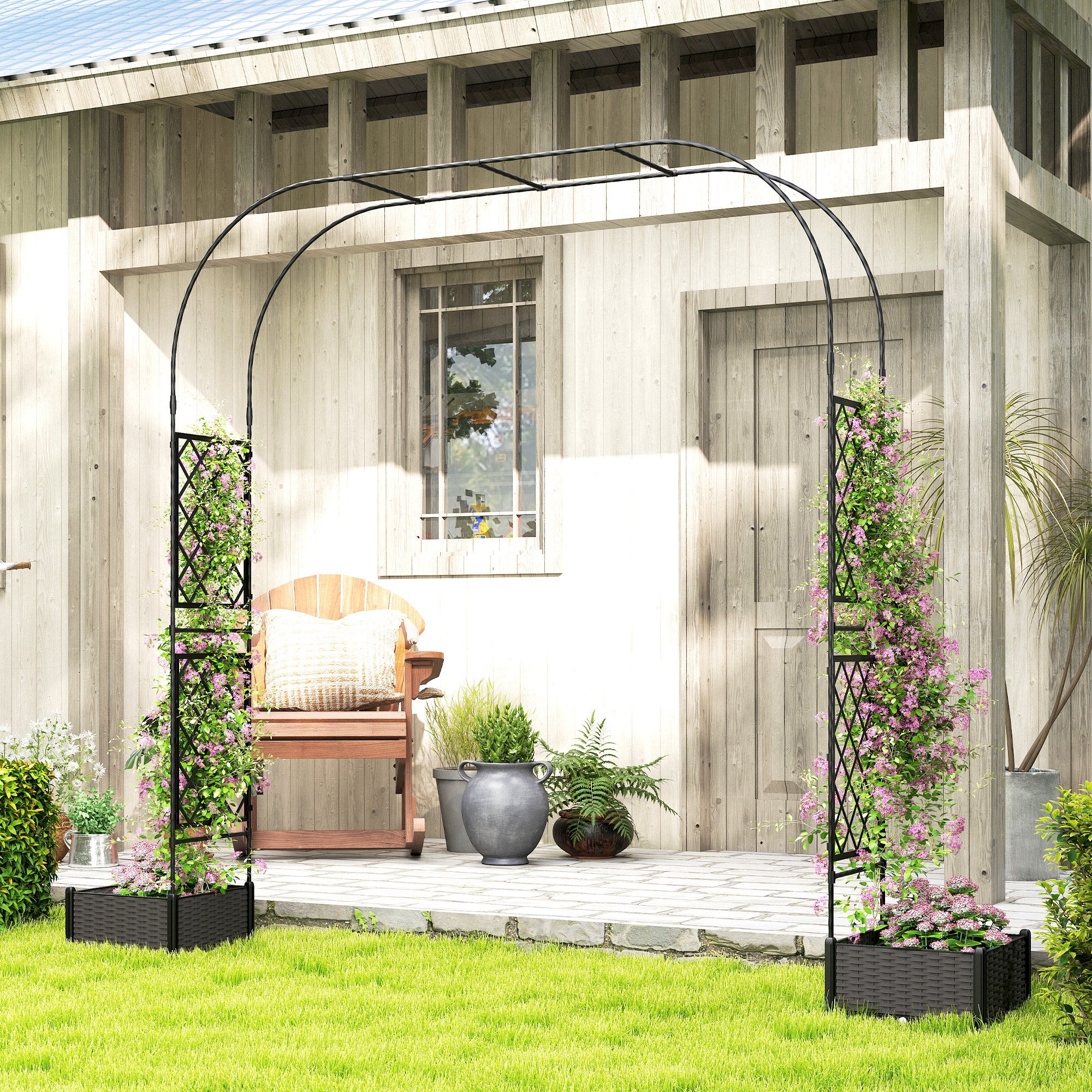 Garden Arch Outdoor Trellis Arbor with 2 Planter Boxes, 109.4" x 15.7" x 86.6", Black