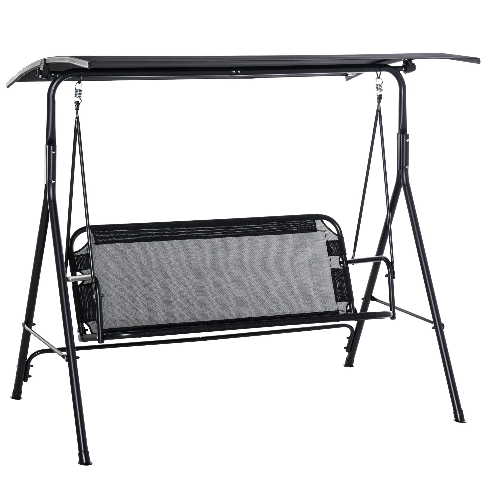 2-Person Porch Swing Chair, 2 Seater Patio Swing Bench w/ Adjustable Canopy, Breathable Seat for Garden, Poolside, Black