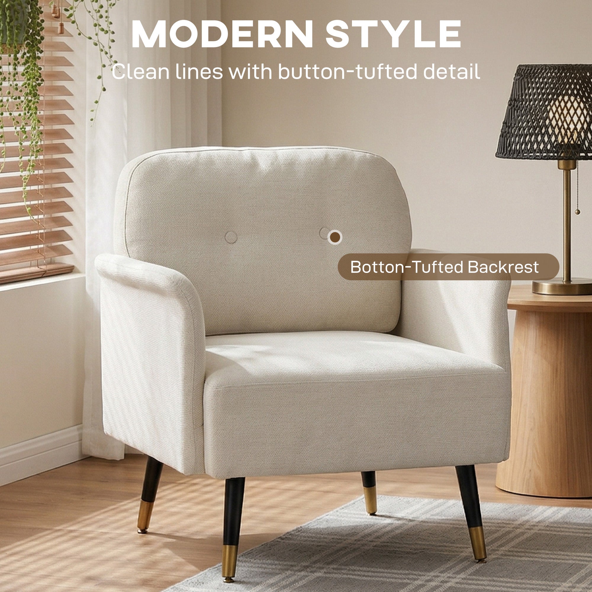 Accent Chair Modern Tufted with Metal Legs Upholstered Reading Armchair for Living Room Cream White