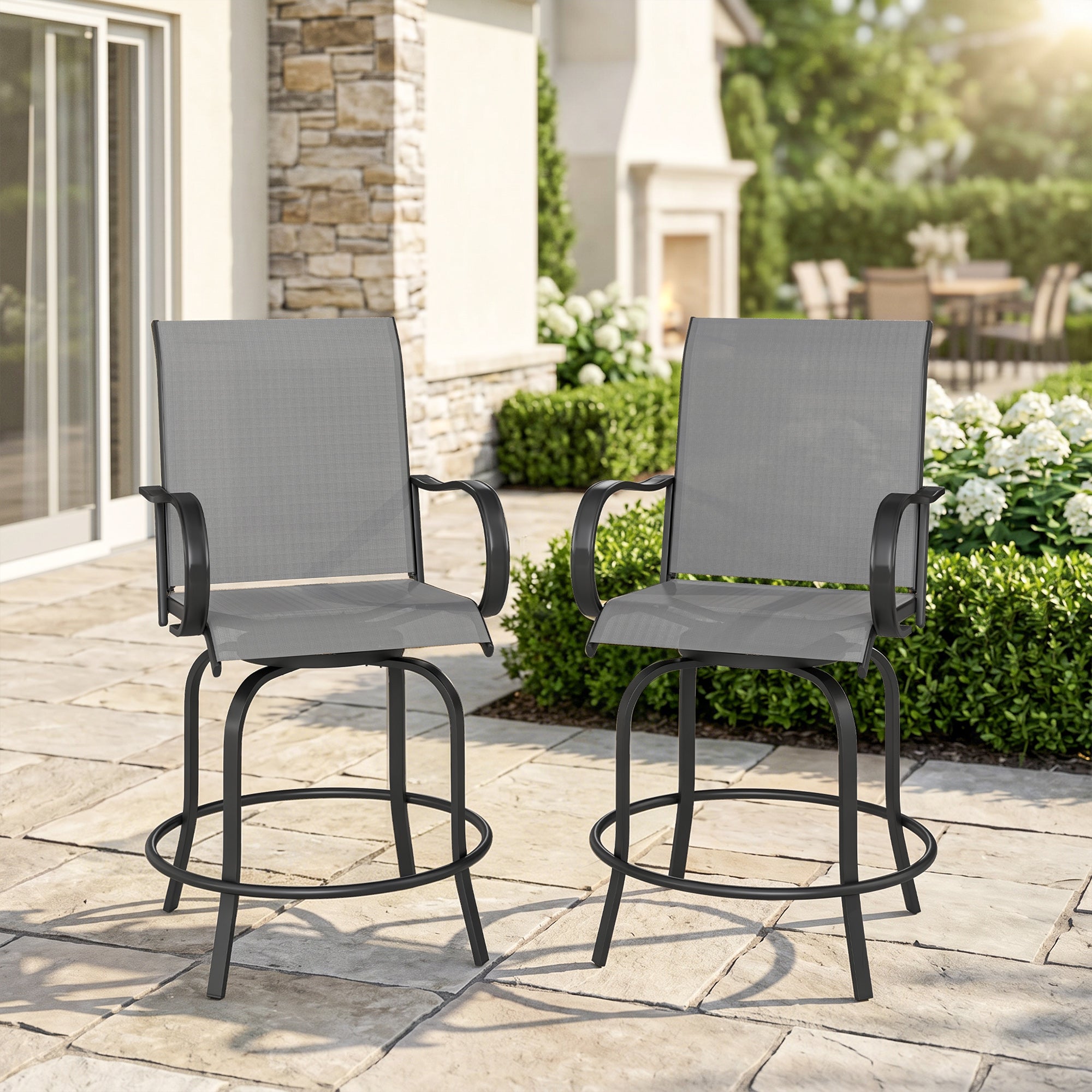 Outdoor Bar Stools Set of 2, 360Â° Swivel Bar Height Chairs, 26.8" x 29.5" x 48.4", Grey