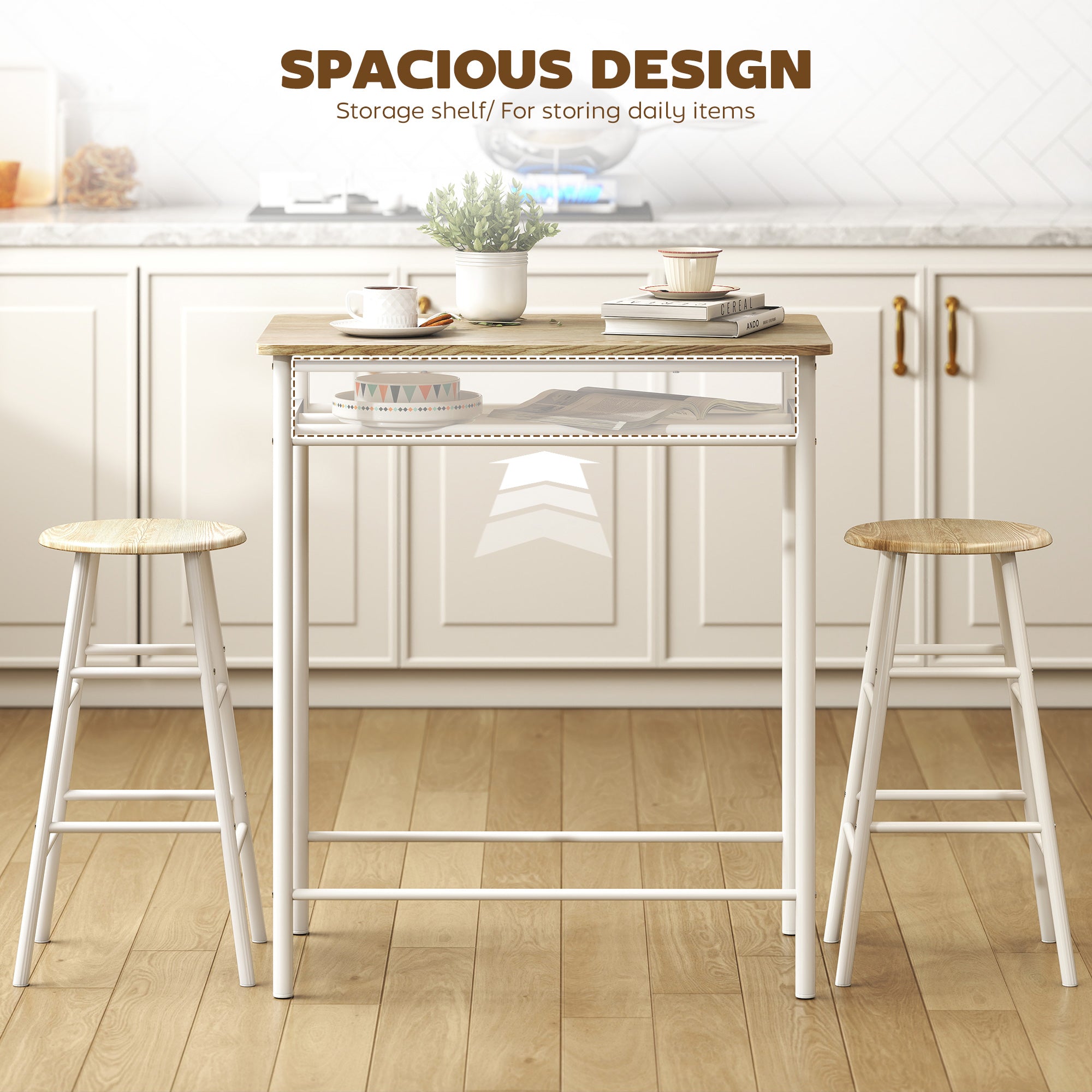 3 Piece Counter Height Bar Table Set with 1 Table, 2 Matching Stools, Dining Table Set with Storage Shelf and Metal Frame Footrest, White and Oak