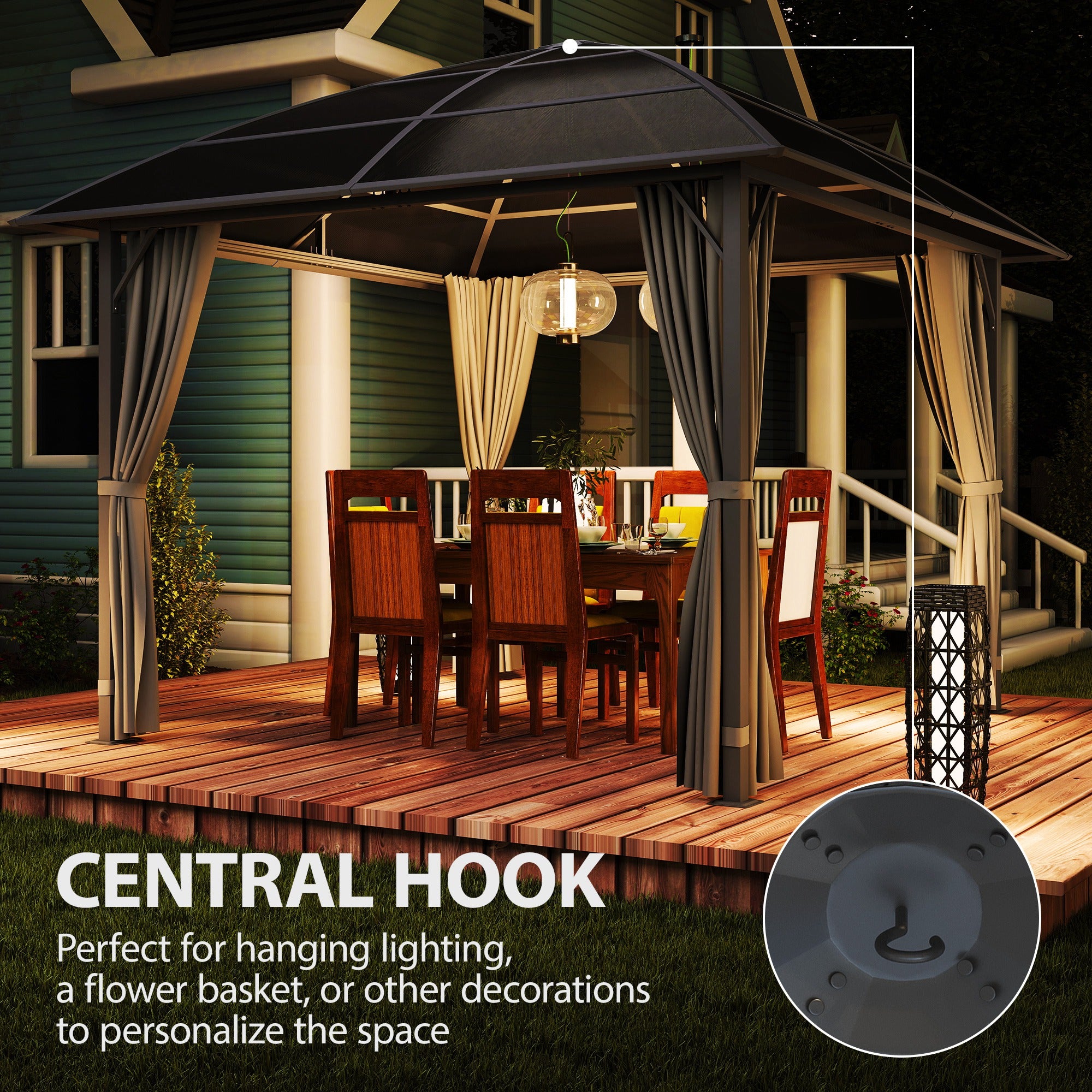 10' x 10' Outdoor Hardtop Gazebo Canopy withÂ UV60+ Polycarbonate Roof, Steel Frame, Central Hook,Â Curtains, Light Grey