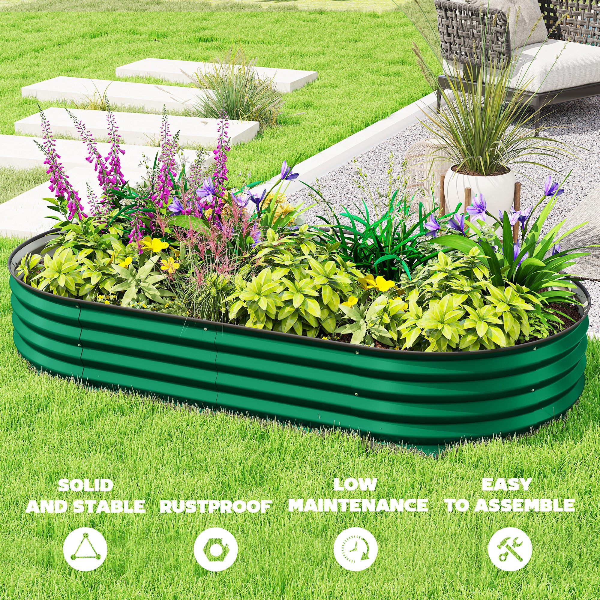 6' x 3' x 1' Large Outdoor Planter Box, Galvanized Raised Garden Bed with Metal Plant Stake, Green