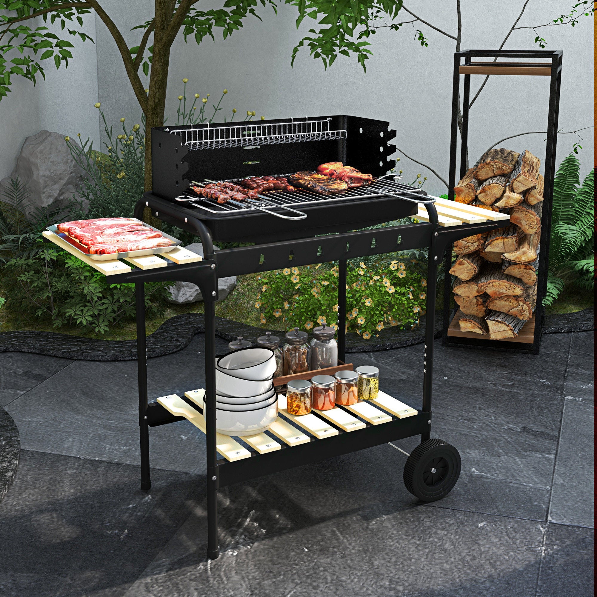 Charcoal Barbecue Grill with Adjustable Grill Height, Portable BBQ Trolley with Ash Catcher and Wheels, Black