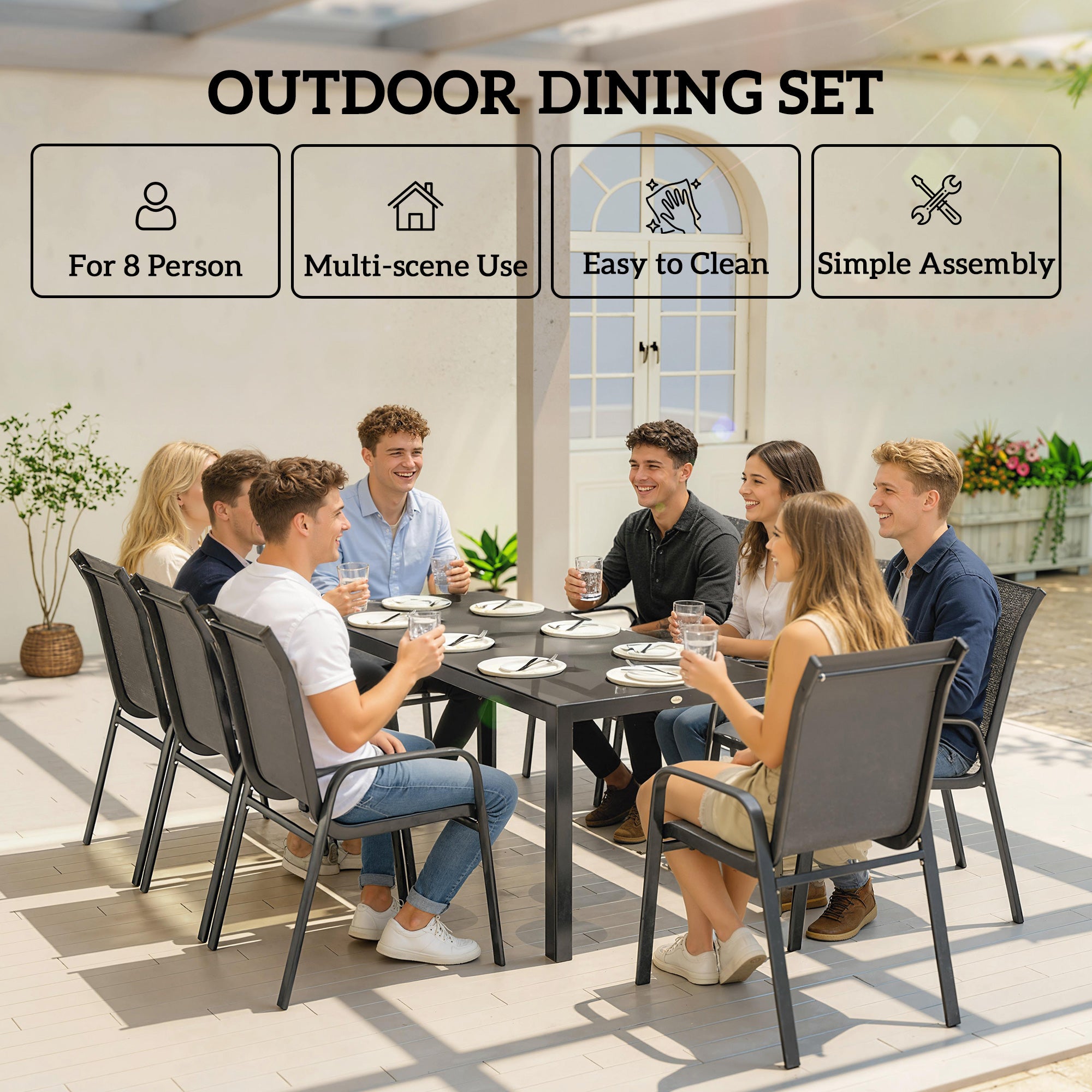 Outdoor Dining Sets for 8 with Stackable Chairs, Patio Dining Set with Glass Top Table for Garden, Patio, Backyard, Dark Grey