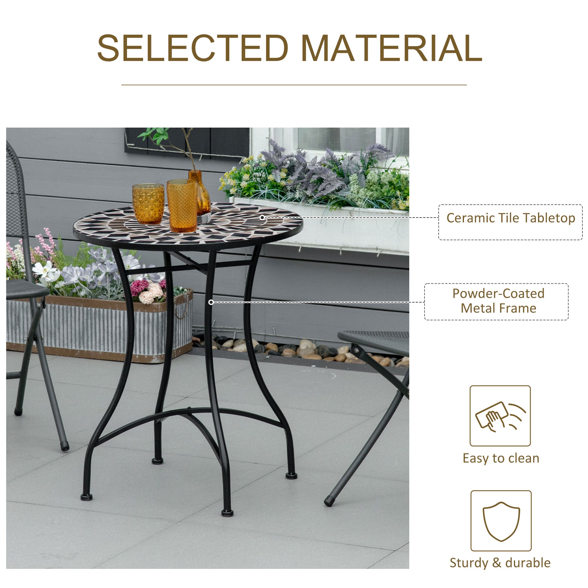 Mosaic Patio Table, Round Coffee Table with Metal Frame, Garden Furniture for Outdoor, Poolside, Black