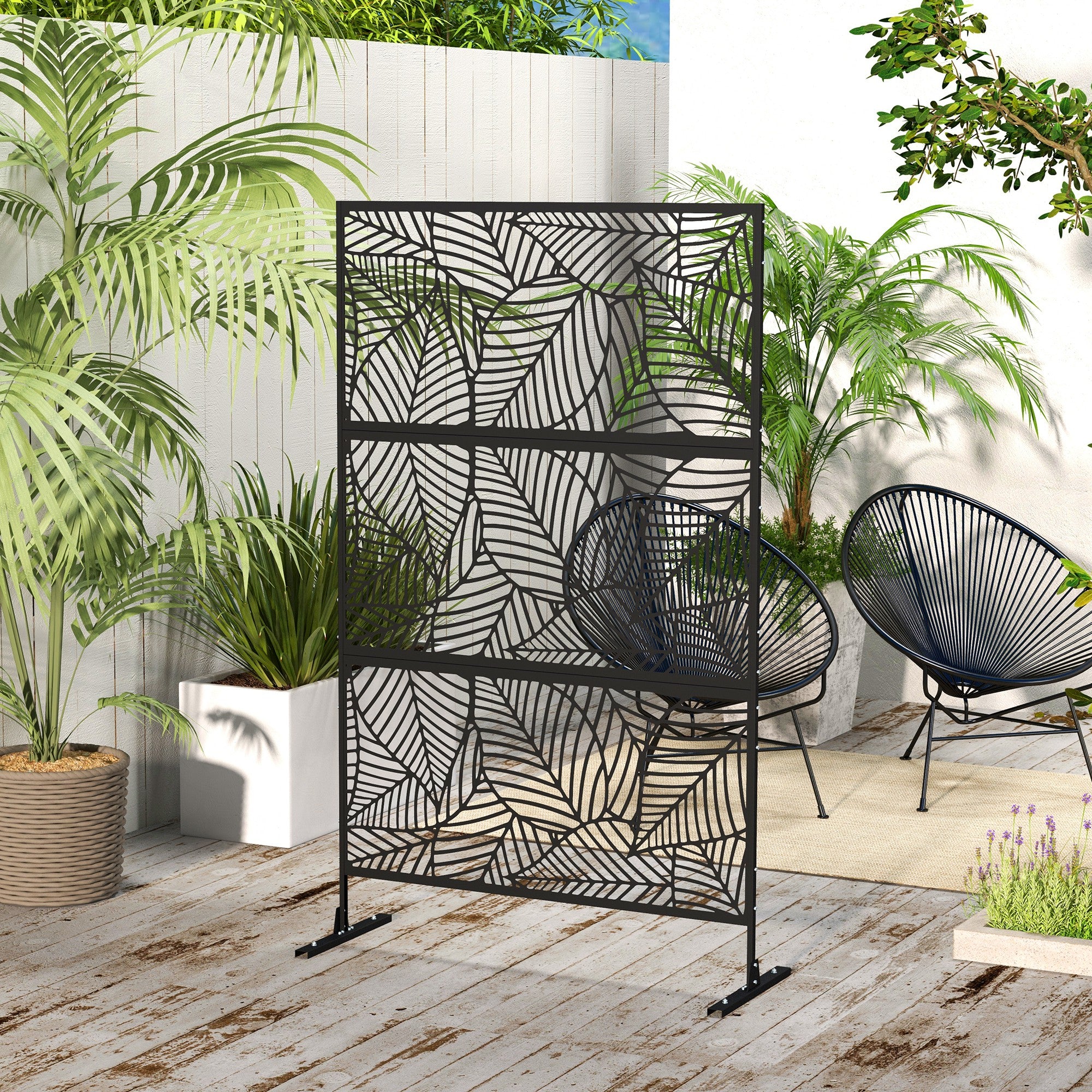 6.5FT Decorative Outdoor Divider, Metal Privacy Screen with Stand, Large Leaf Style, Black