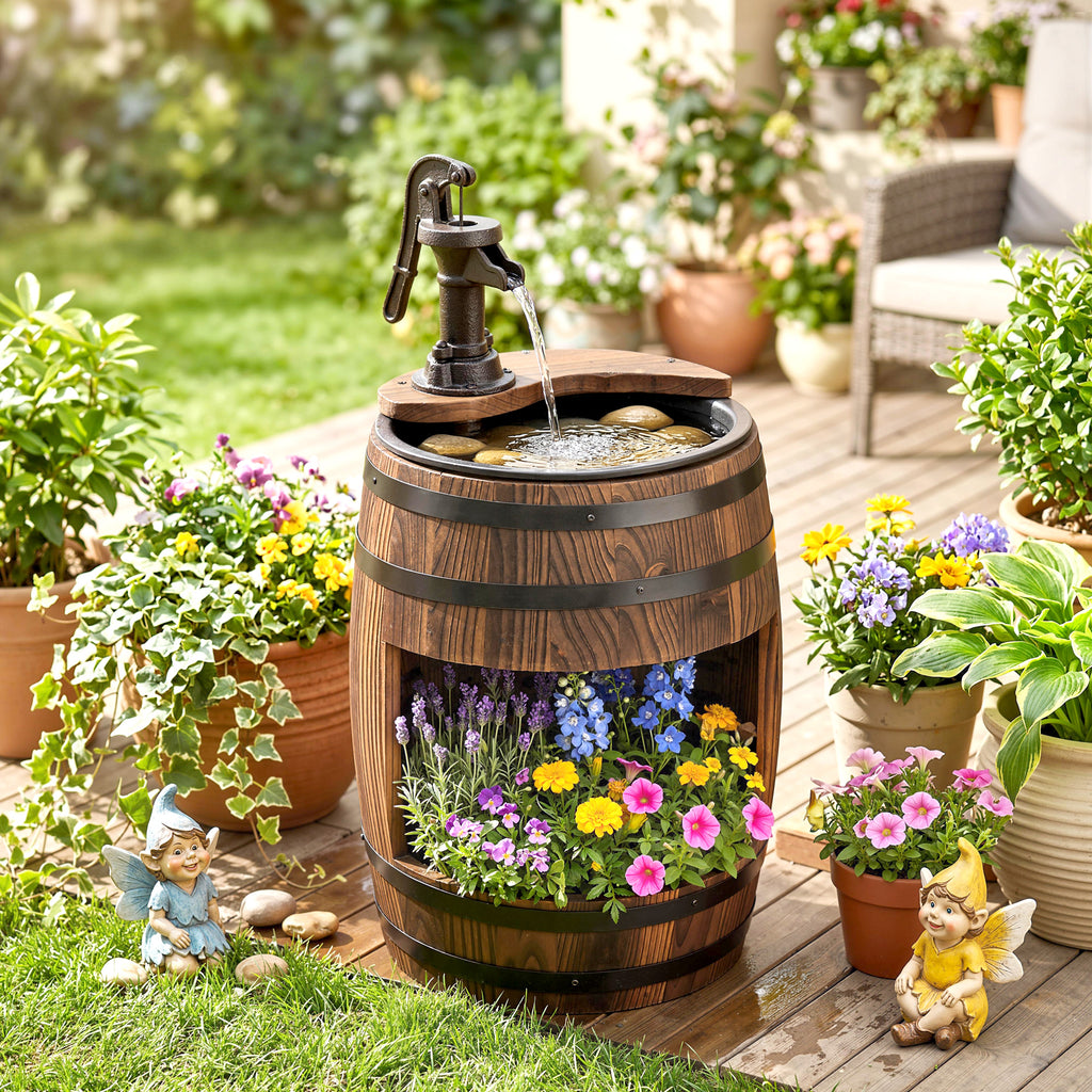 Wooden Outdoor Fountain, Electrical Barrel Waterfall with 3600r/min Speed Pump for Patio, Backyard, Carbonized