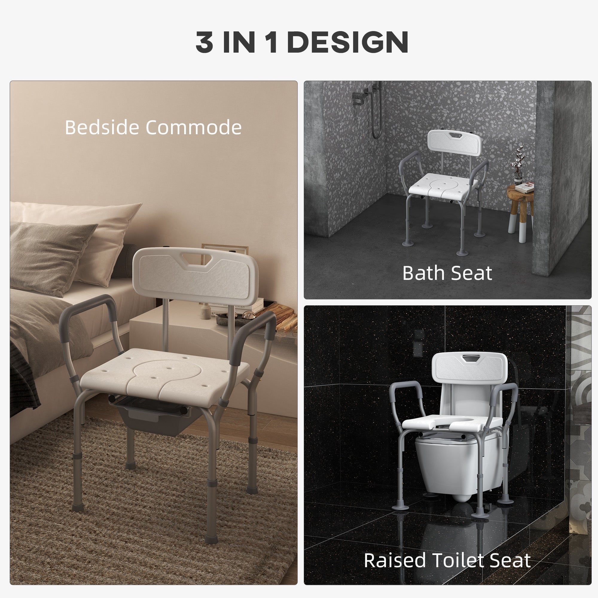 3-in-1 Shower Chair with Back, Adjustable Bedside Commode, Raised Toilet Seat w/ Rubber Foot Pad for Seniors, Disabled