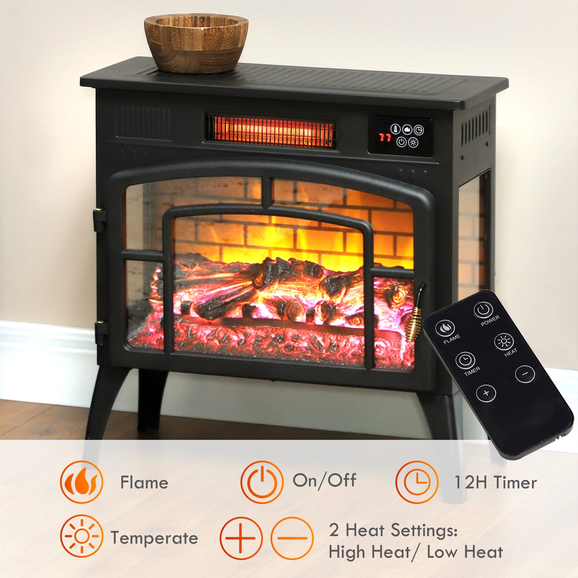 Electric Fireplace Stove, Infrared Fireplace Heater with Realistic Flame, Adjustable Temperature, 1500W, Black