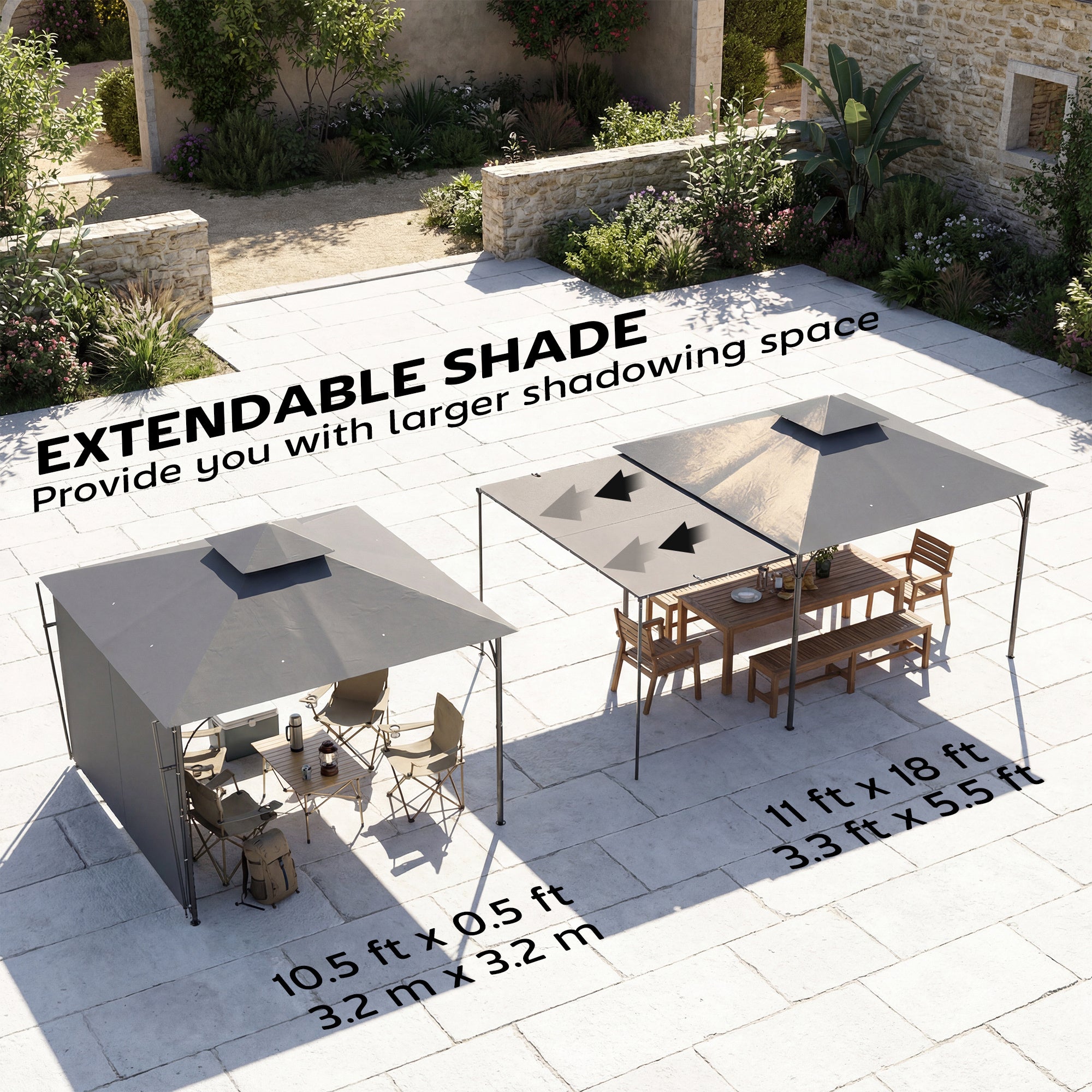 Patio Gazebo with Double Roof Outdoor Gazebo Canopy with Extendable Shade 10.5â€² x 10.5â€² Dark Grey