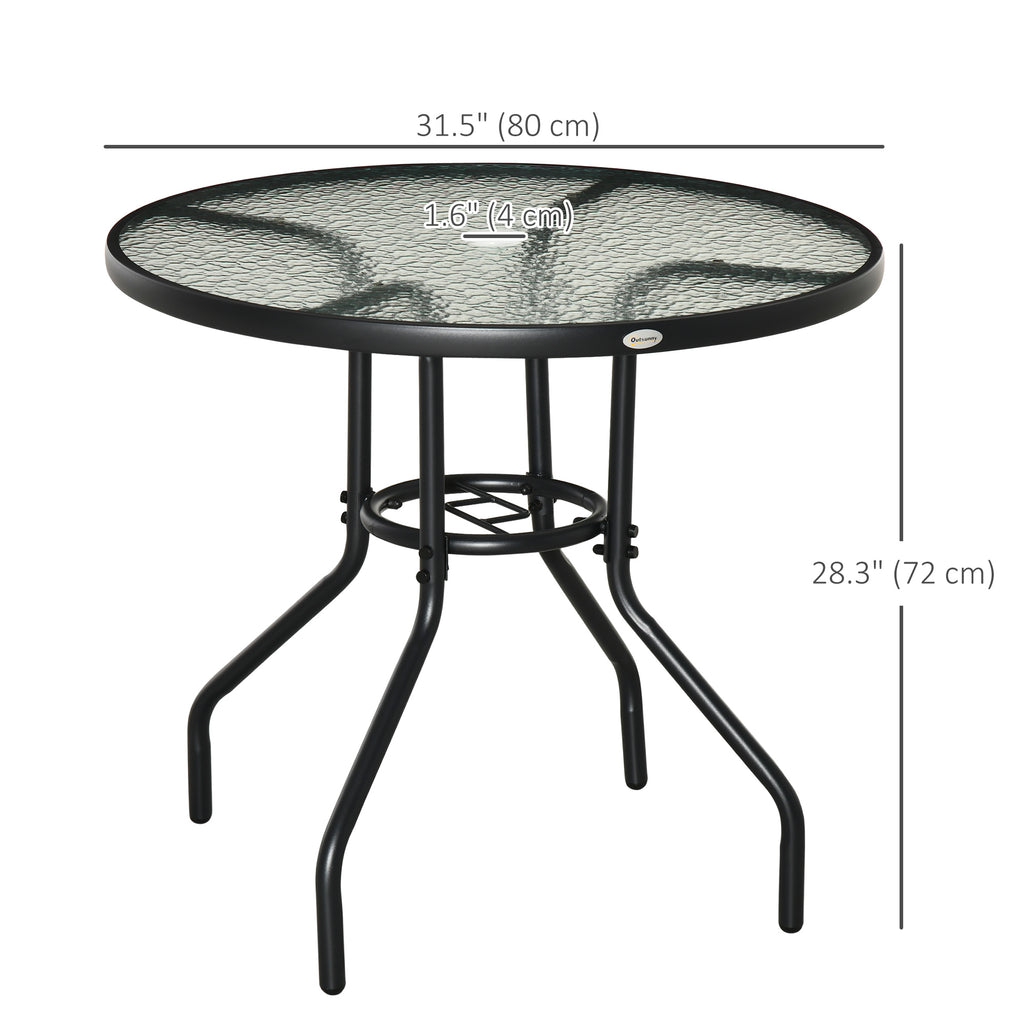31.5" Round Outdoor Dining Table Coffee Side Bistro Table with Umbrella Hole, Glass Top, Steel Frame for Garden, Patio