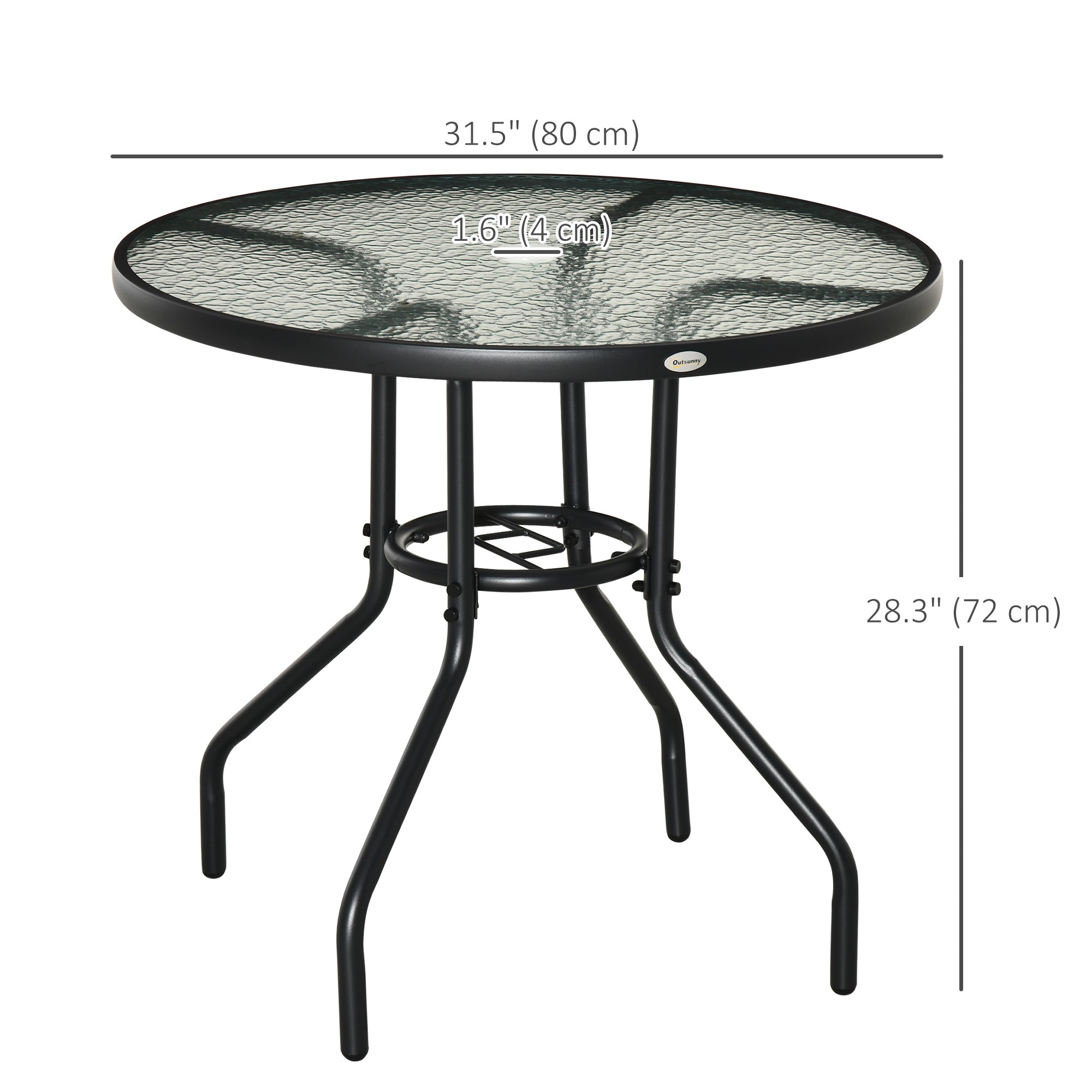 31.5" Round Outdoor Dining Table Coffee Side Bistro Table with Umbrella Hole, Glass Top, Steel Frame for Garden, Patio