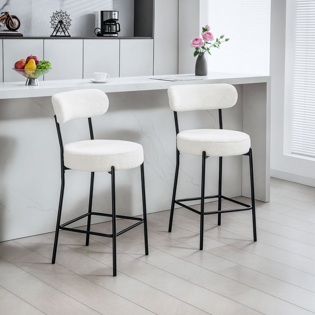 Set of 2 Barstools, Upholstered Bar Stools with Backrest, Footrest for Kitchen Island, Dining Room, Cream White