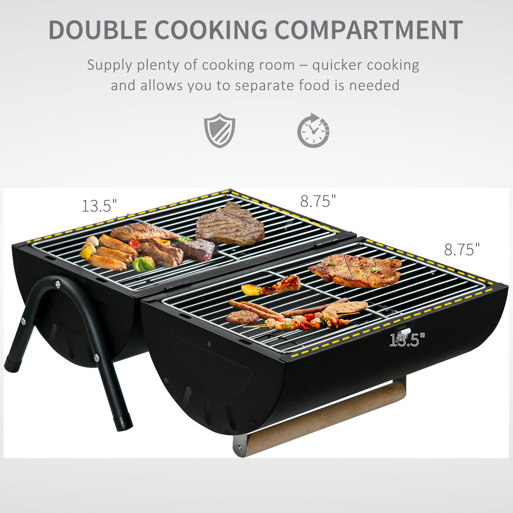 Outdoor Charcoal BBQ Grill, Tabletop Folding Barbecue Grill with Handle, 17.3" x 9.8" x 14", Black