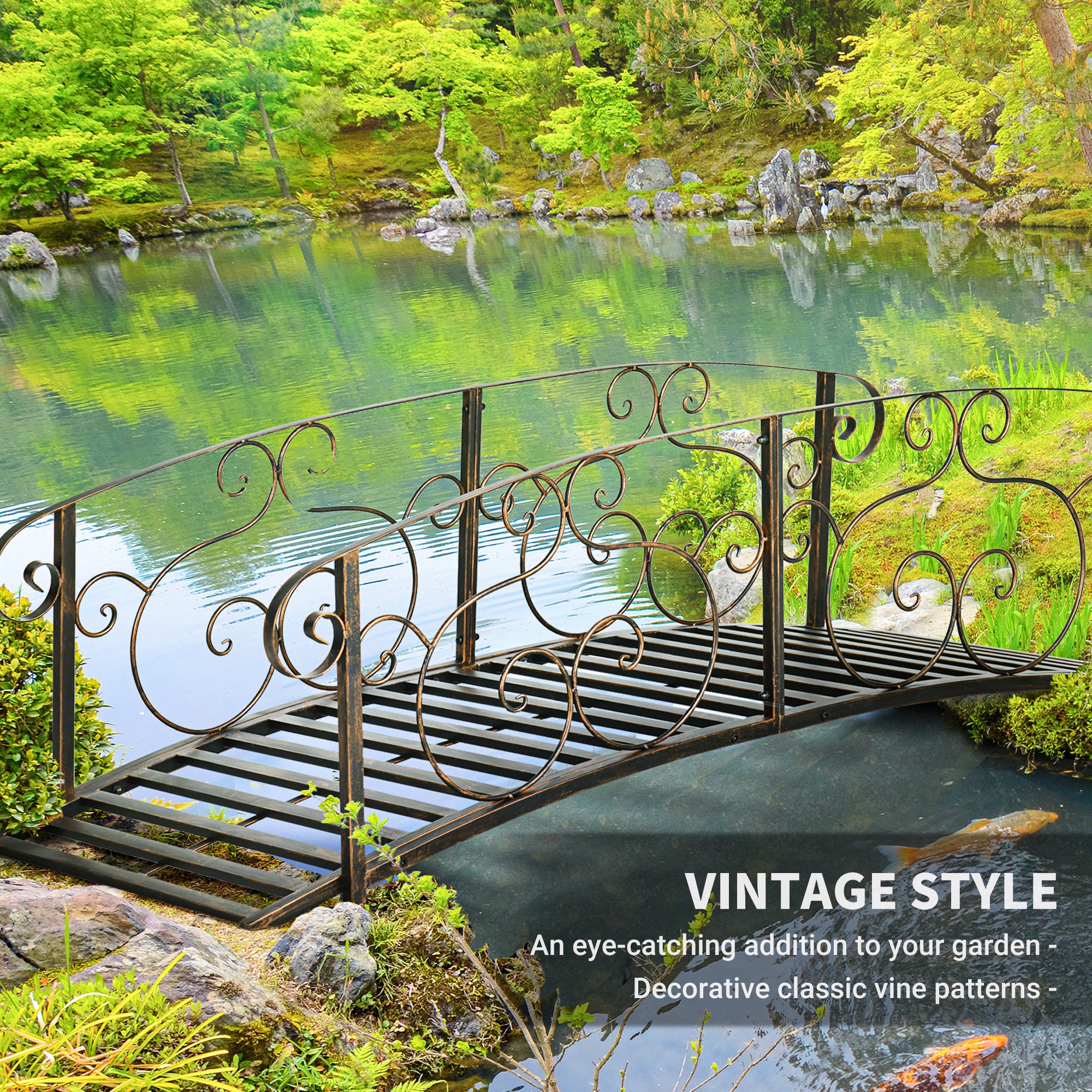 6FT Steel Garden Bridge with Safety Siderails, Decorative Arc Landscaping Bridge for Backyard Creek Stream Pond, Brown