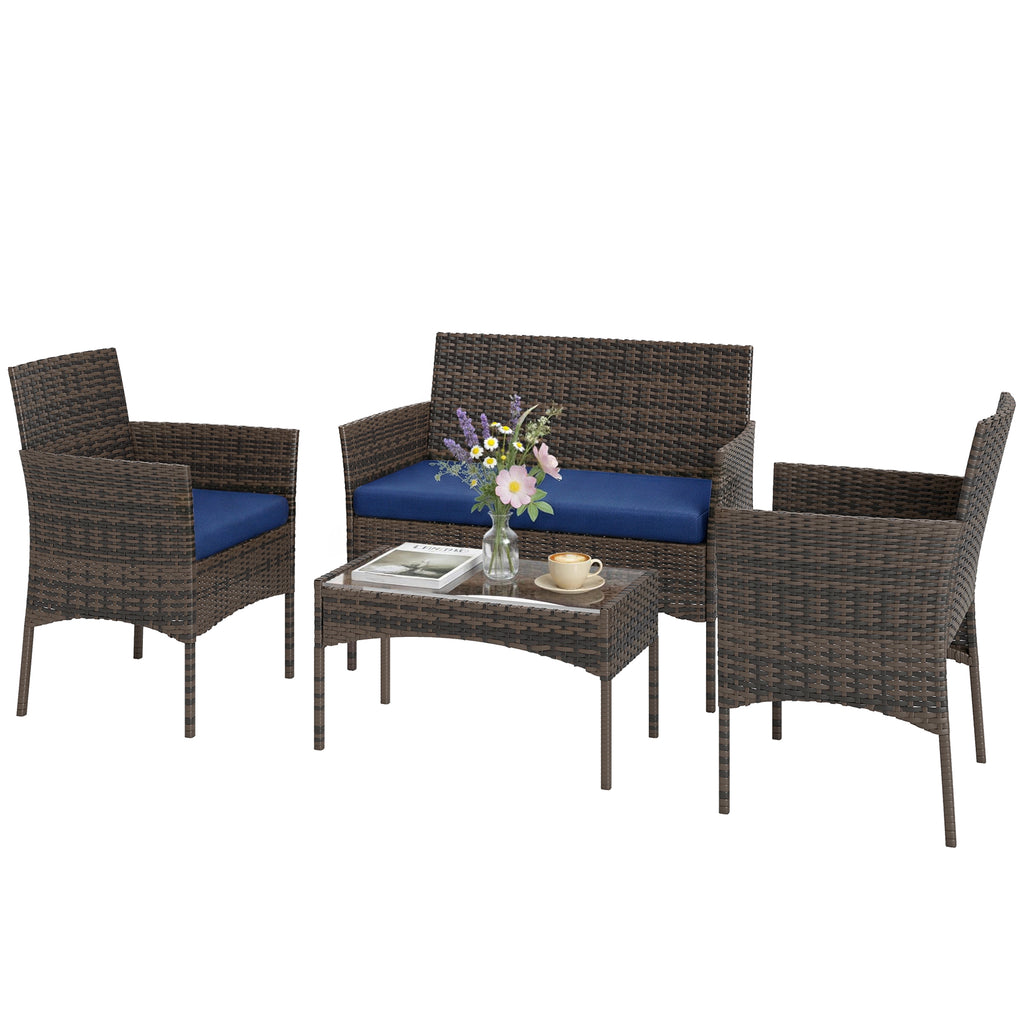 4 Pieces Wicker Outdoor Balcony Furniture Set Rattan Patio Furniture Set with Loveseat Chairs Glass Coffee Table Navy Blue
