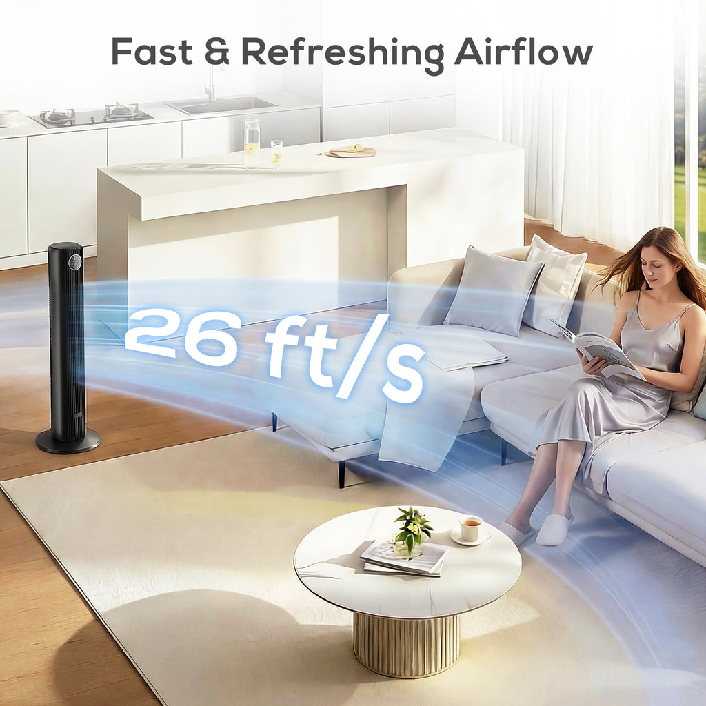 28dB Tower Fan with 12 Speeds and 4 Modes, Standing Floor Fan with 80Â° Oscillating, 12H Timer, Black