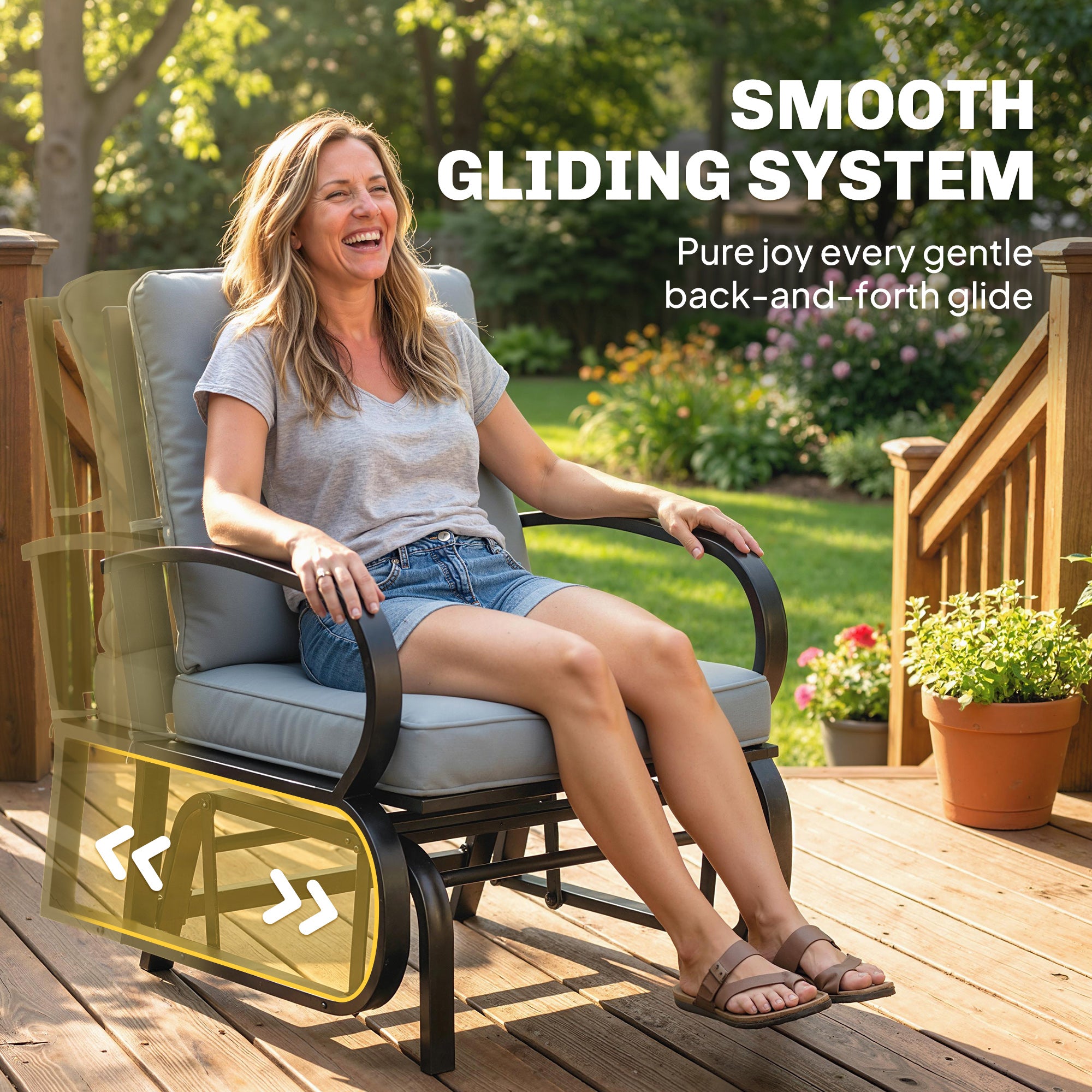 Patio Glider, Outdoor Glider Chair with Cushions, Steel Frame, Curved Armrests, Light Grey