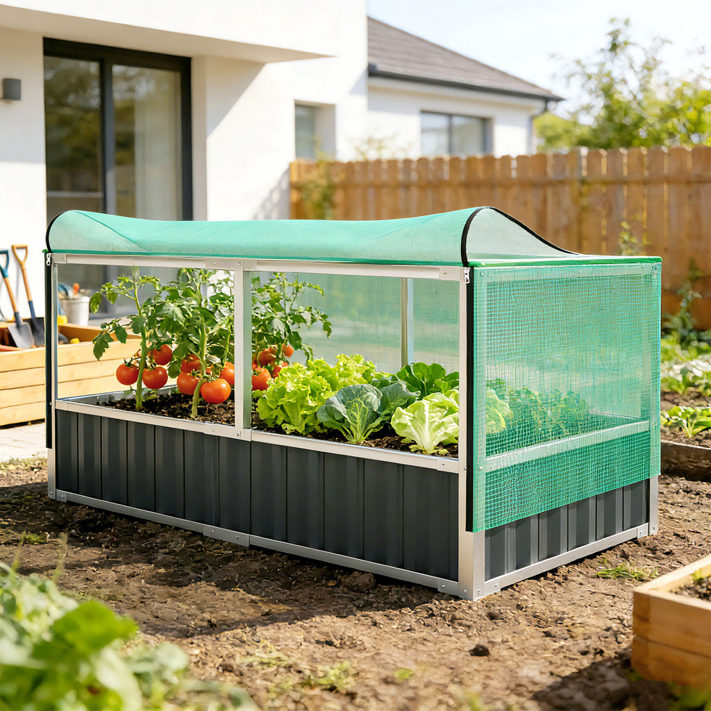 Raised Garden Bed, 5.7 x 3 x 2.3ft Steel Planter Box Outdoor with Cover, Gloves, Dark Grey