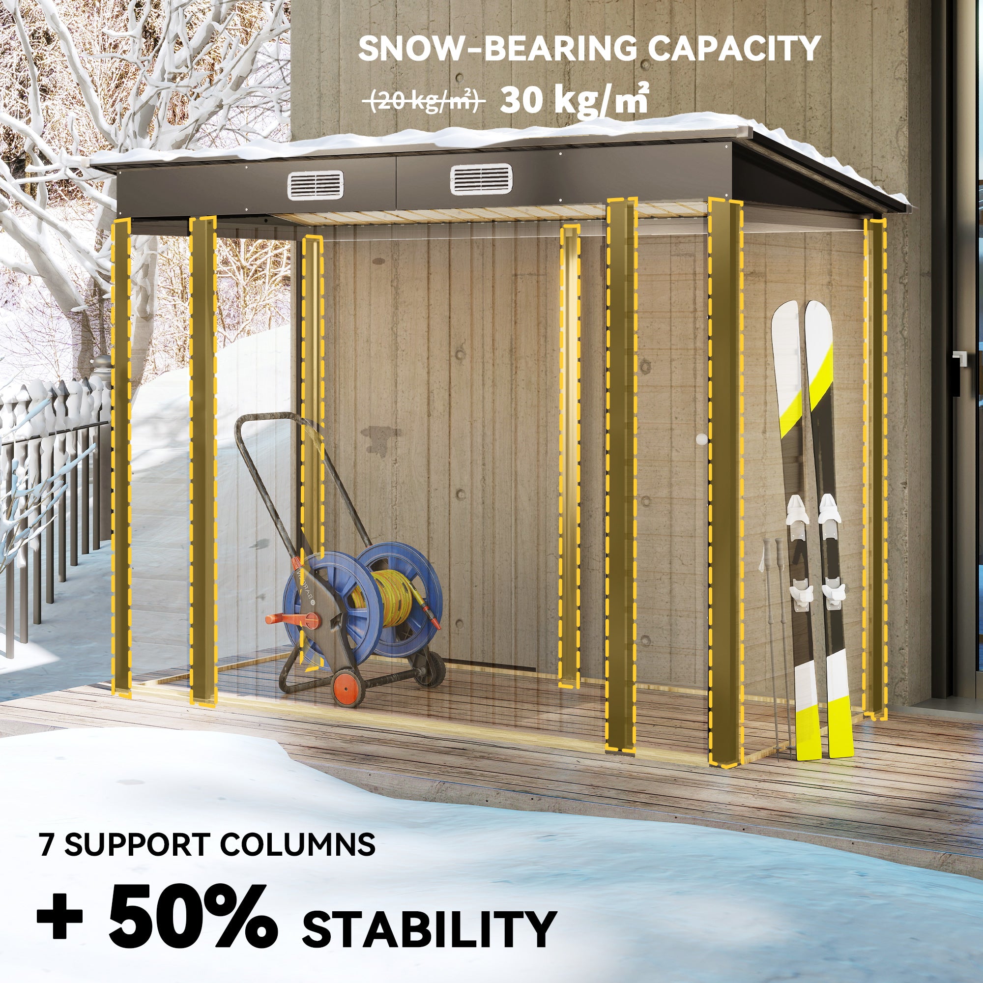 8 x 4FT Galvanized Garden Storage Shed, Metal Outdoor Shed with Double Doors and 2 Vents, Oak