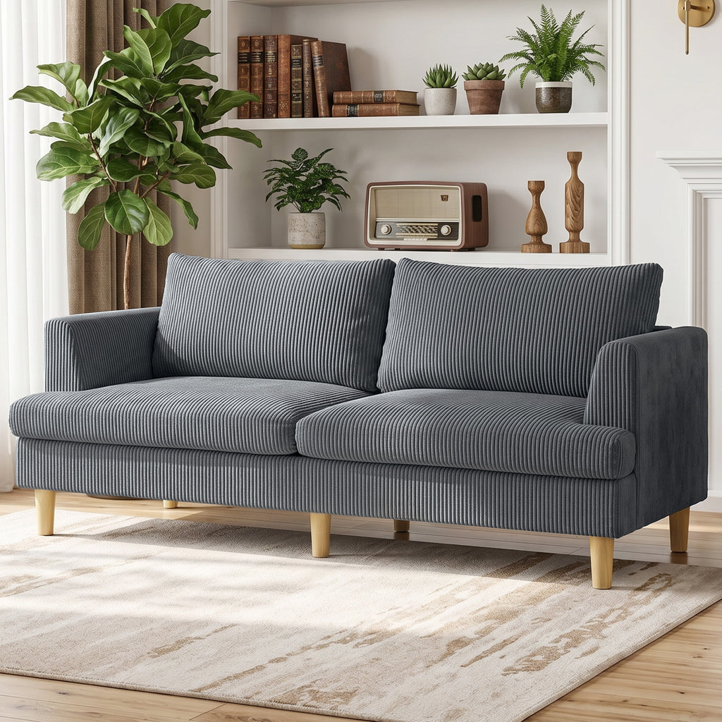 3 Seater Sofa, 74" Modern Corduroy Upholstered Couch with Thick Spring Cushions, Solid Wood Legs, Armrests, Dark Grey